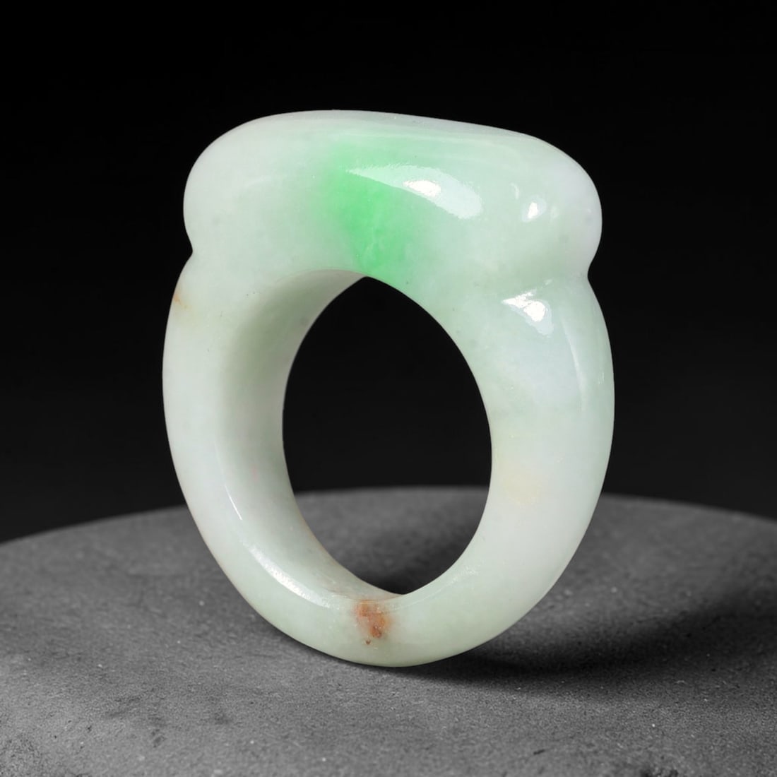 Natural Burmese Type A Jadeite Jade Moss-in-Snow Saddle Ring, 4BK: Hand-polished untreated Burmese Type A jadeite jade saddle ring, US ring size 10.5 with a band width of 12 mm. Showcases classic moss-in-snow patterning: bright apple green flecks naturally scattered 