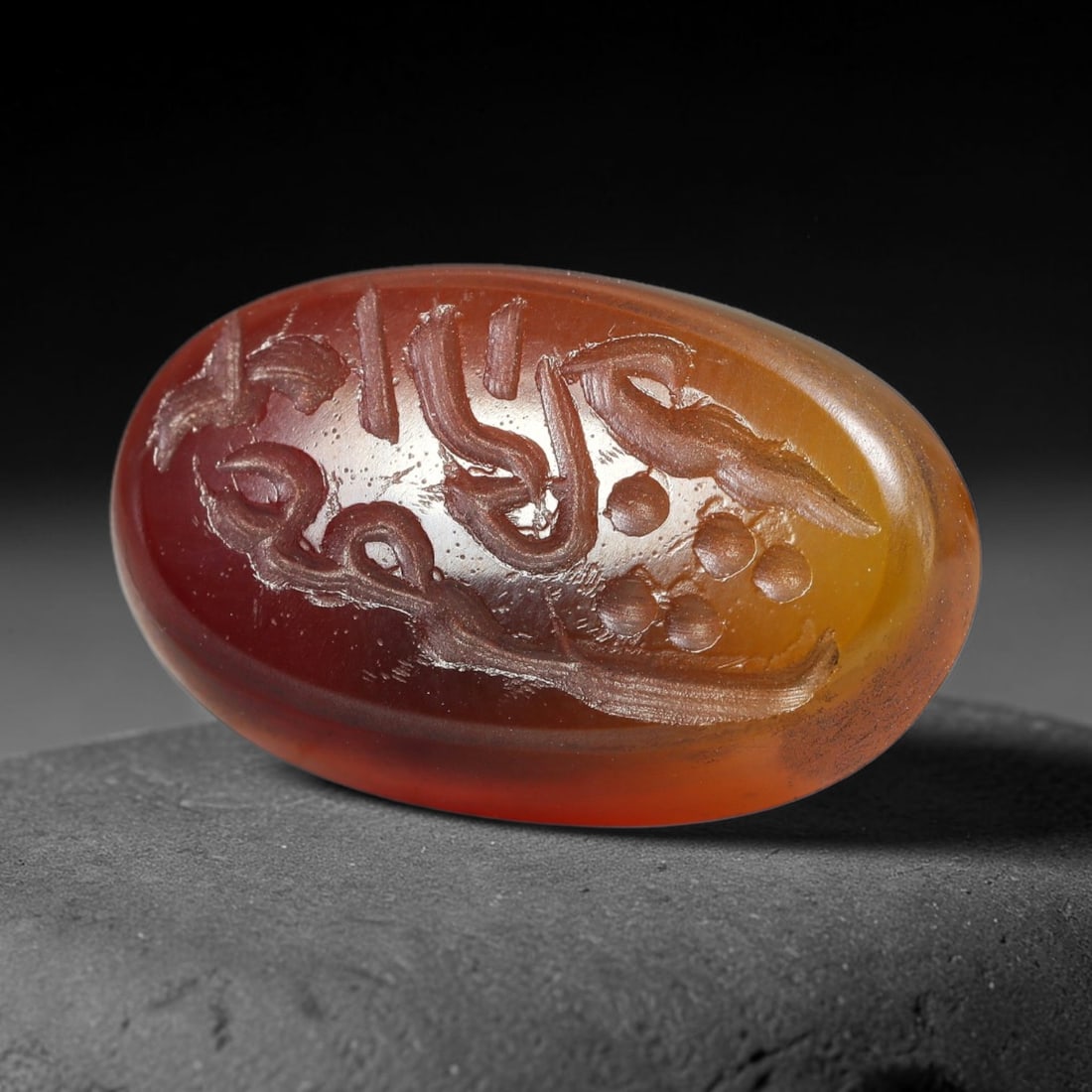 Vintage Mid-Century Carnelian Agate Islamic Calligraphic Intaglio Seal Cabochon Talisman, 18BW: This vintage mid-century natural carnelian agate intaglio seal cabochon draws inspiration from historic Islamic lapidary traditions, crafted as a wearable talisman and seal blank for jewelry setting. 