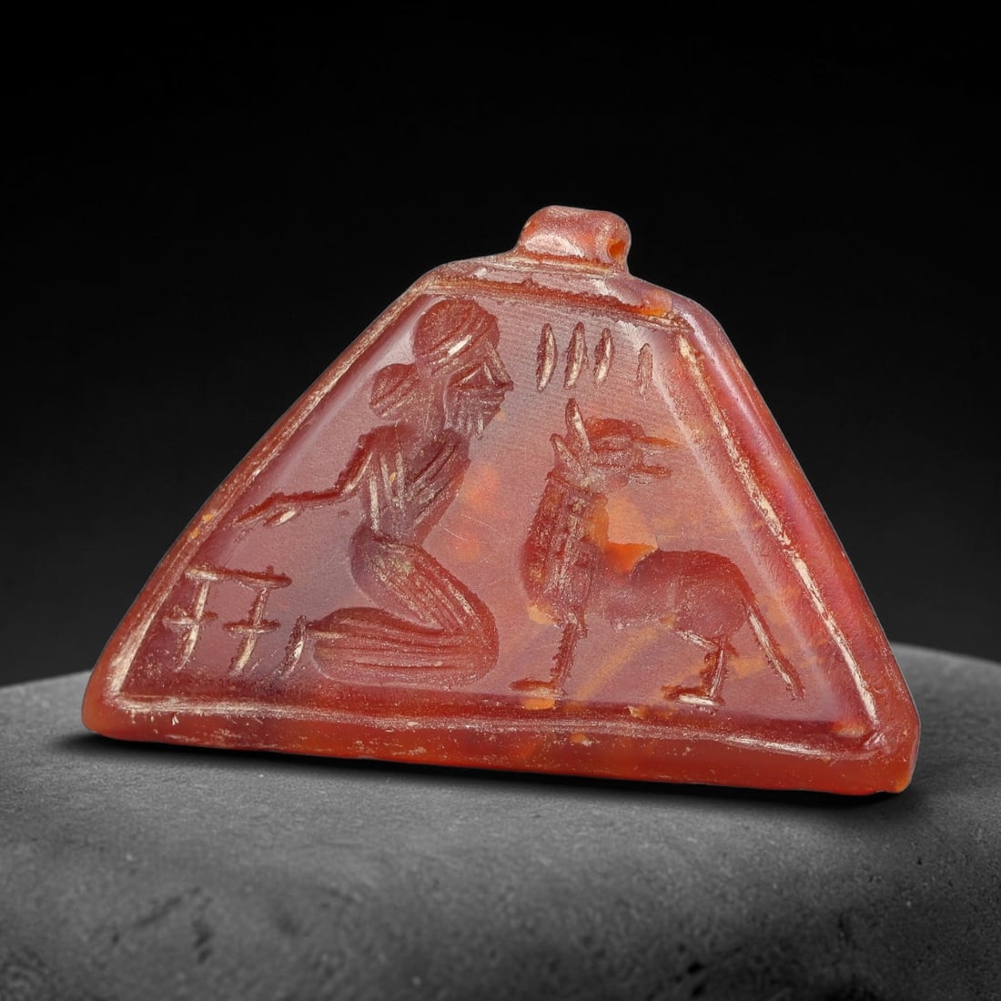 Vintage Natural Carnelian Agate Revival Indo-Persian Glyptic Figural Talisman Amulet Plaque, 65FK: This vintage talisman pendant plaque is skillfully carved from natural banded carnelian agate, crafted in a style referencing ancient Indo-Persian glyptic art traditions. The face bears detailed relie