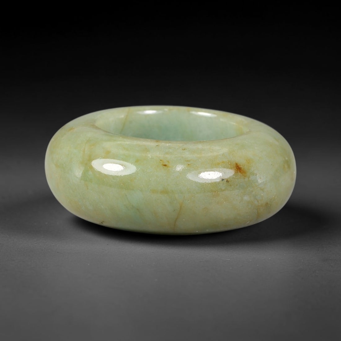 Natural Burmese Type A Jadeite Jade Wide Band Ring, 16BK: Polished untreated Burmese Type A jadeite jade wide band ring, US ring size 12.75 with a substantial band width of 13 mm. The jadeite features a soft pale mint green base naturally streaked with flowi