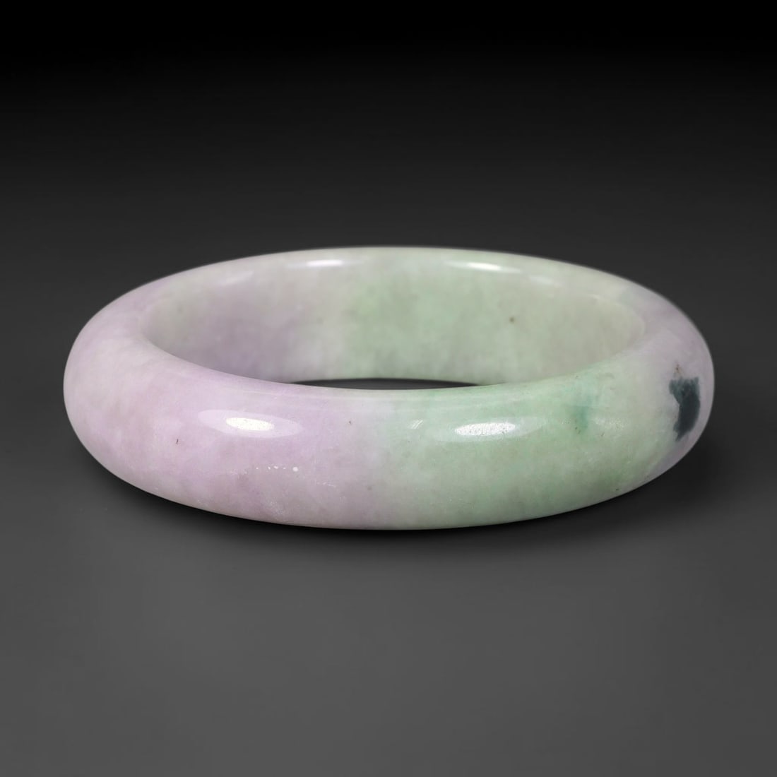 Natural Burmese Type A Jadeite Jade Bangle Bracelet, 85BK: Polished untreated Burmese Type A jadeite jade bangle bracelet with a 57 mm inner diameter and a 15 mm band width. Crafted into a classic rounded interior flat exterior shape with smooth continuous hi