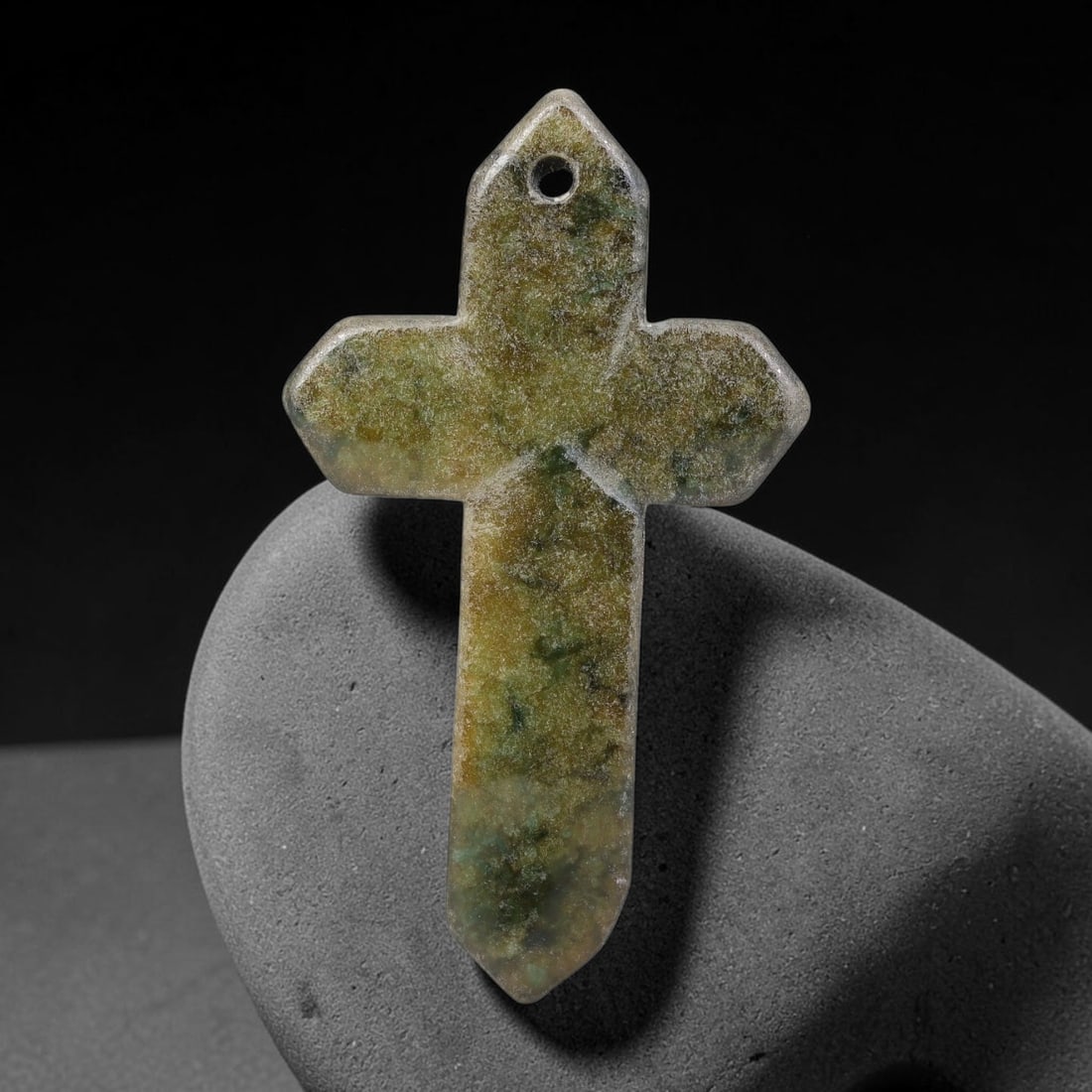 Natural Burmese Type A Jadeite Jade Christian Cross Pendant, 15BT: Hand crafted untreated Burmese Type A jadeite jade cross pendant measuring 47x27 mm, shaped into a classic Christian cross silhouette with tapered pointed terminals. The stone features a smooth polish