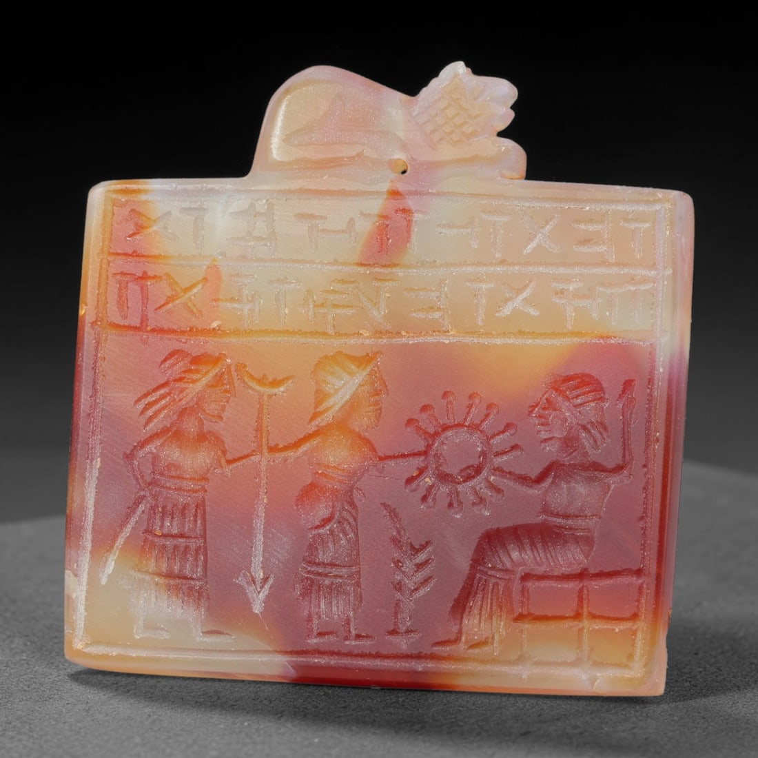 Vintage Natural Carnelian Agate Revival Indo-Persian Glyptic Figural Talisman Amulet Plaque, 1FK: This vintage talisman pendant plaque is skillfully carved from natural banded carnelian agate, crafted in a style referencing ancient Indo-Persian glyptic art traditions. The face bears detailed relie