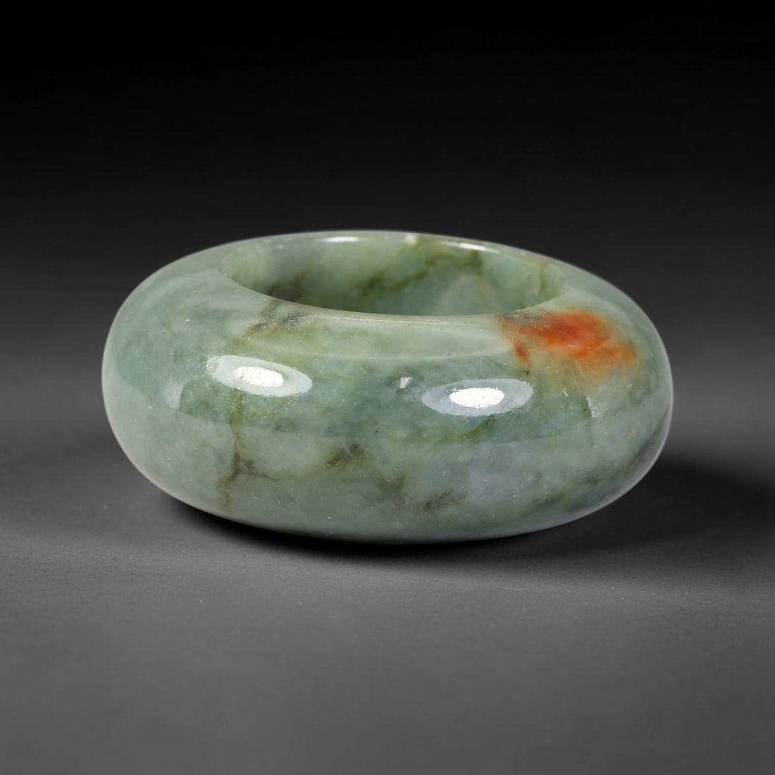 Natural Burmese Type A Jadeite Jade Wide Band Ring, 25BK: Polished untreated Burmese Type A jadeite jade wide band ring, US ring size 12.75 with a substantial band width of 15 mm. The jadeite features a soft pale mint green base naturally streaked with flowi