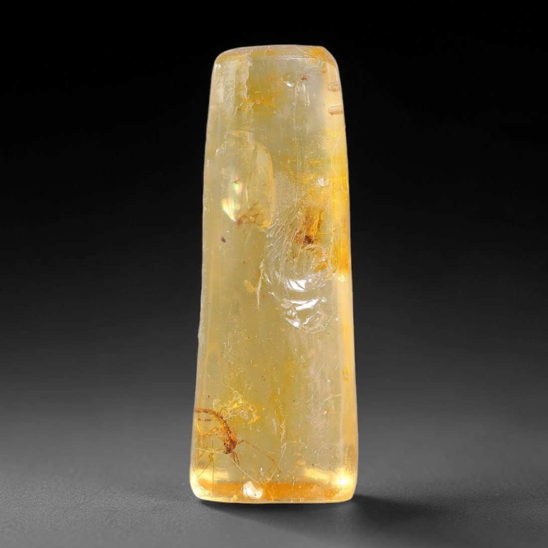 10.73ct Natural Baltic Polished Loose Freeform Amber Gemstone, 67FL: This smoothly polished freeform amber piece carries warm translucent organic clarity with fine natural fossil flecks and tiny mineral inclusions suspended throughout its 31x11x8mm flowing unstructured