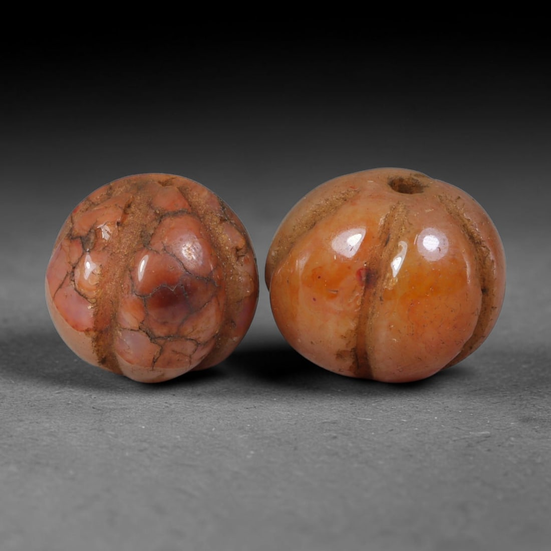 Ancient Medieval Khmer Angkor Culture Carved Carnelian Melon Bead Pair (802-1431 CE), 42AE (1 of 1)