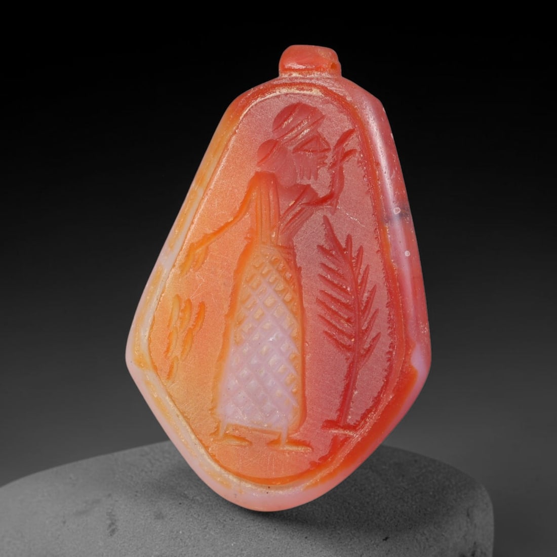 Vintage Natural Carnelian Agate Revival Indo-Persian Glyptic Figural Talisman Amulet Plaque, 26FL: This vintage talisman pendant plaque is skillfully carved from natural banded carnelian agate, crafted in a style referencing ancient Indo-Persian glyptic art traditions. The face bears detailed relie