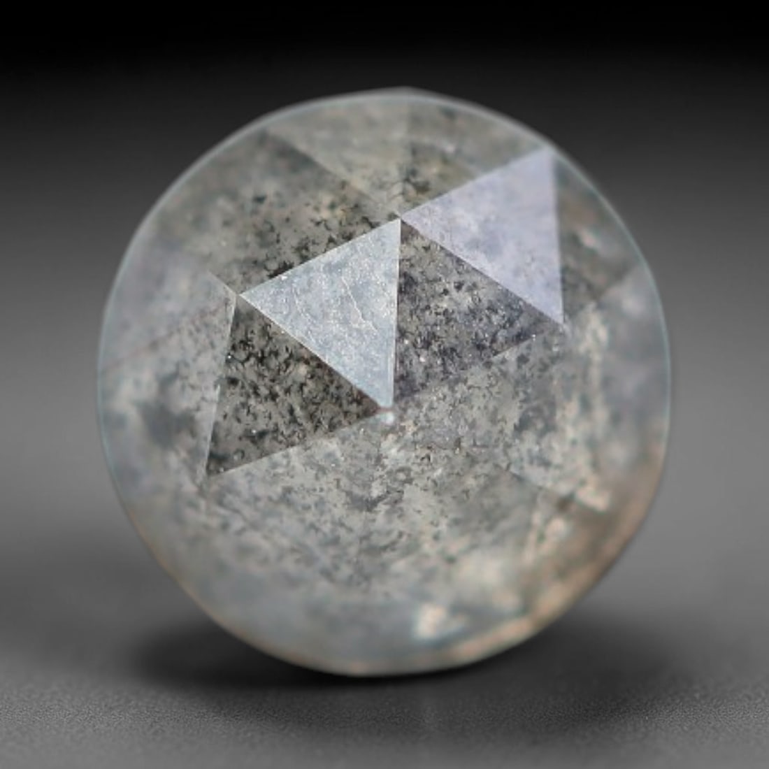0.27ct Natural Untreated Salt And Pepper Round Rose Cut Diamond Loose Gemstone, 60BH: This polished natural salt and pepper diamond features a translucent pale base naturally scattered with distinctive dark mineral speckles and inclusions throughout its crystal interior, measured at ca