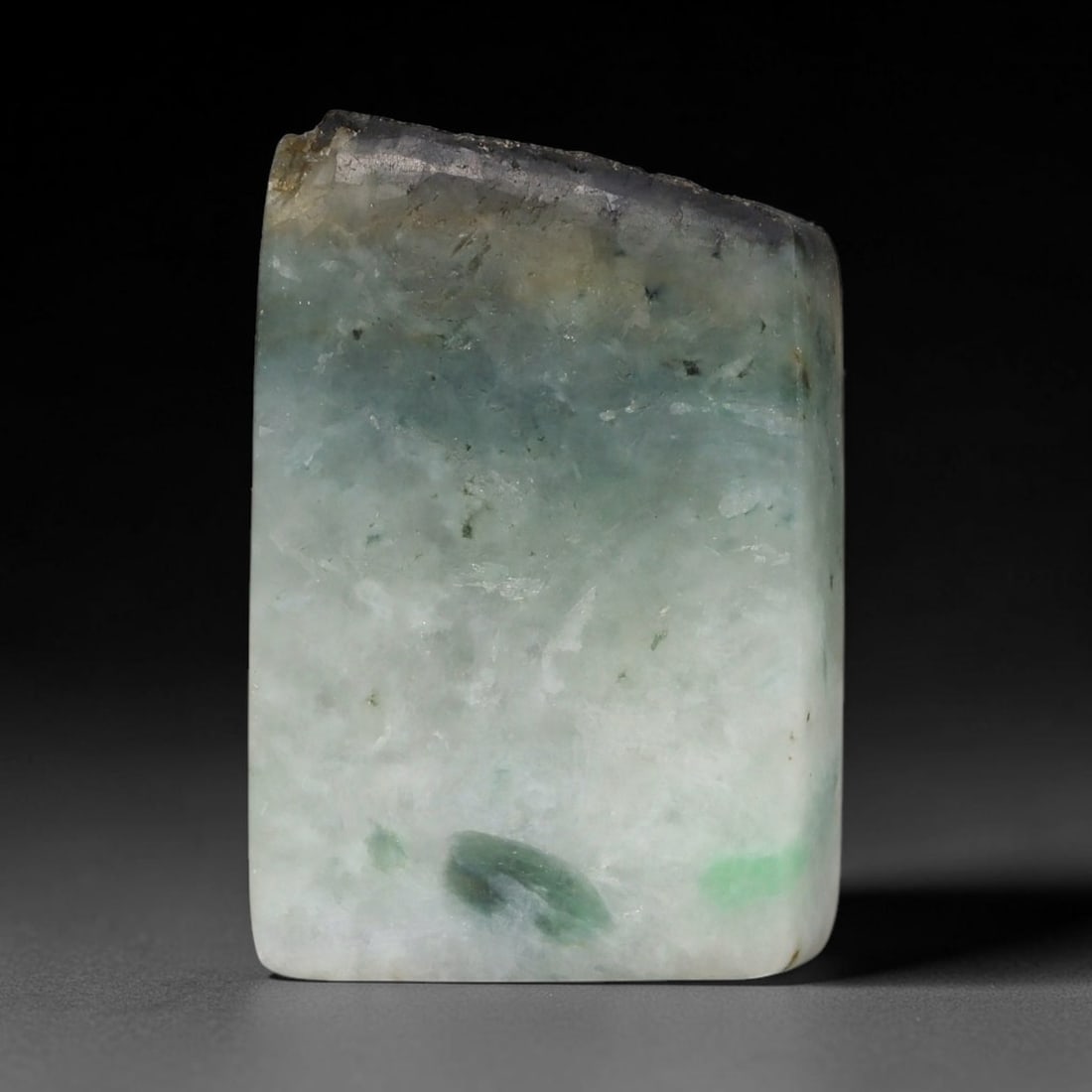 174ct Natural Type A Burmese Jadeite Jade Sliced Rough, 19FD: This specimen is a sliced rough block of natural Type A Burmese jadeite jade. The interior displays natural colour zoning with visible mineral veining and crystalline patterns typical of unprocessed j