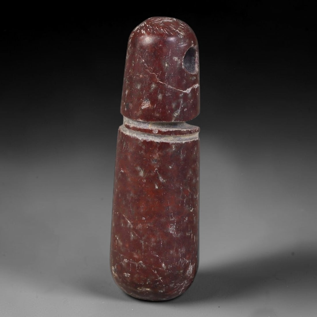 Ancient Elamite Civilization Cylindrical Talisman Amulet (3200-539 BCE), 89AT: This antique carved segmented cylindrical amulet originates from Elamite Civilization, an independent Southwest Iranian culture famed for unique chalcedony talisman craft traded widely with Indus Vall
