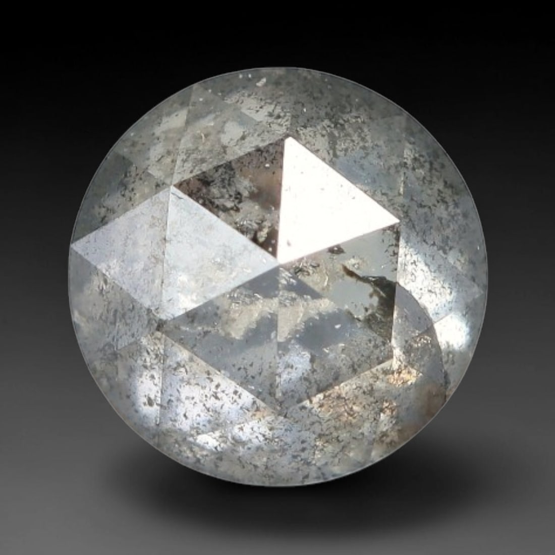0.40ct Natural Untreated Salt And Pepper Round Rose Cut Diamond Loose Gemstone, 48BH: This polished natural salt and pepper diamond features a translucent pale base naturally scattered with distinctive dark mineral speckles and inclusions throughout its crystal interior, measured at ca