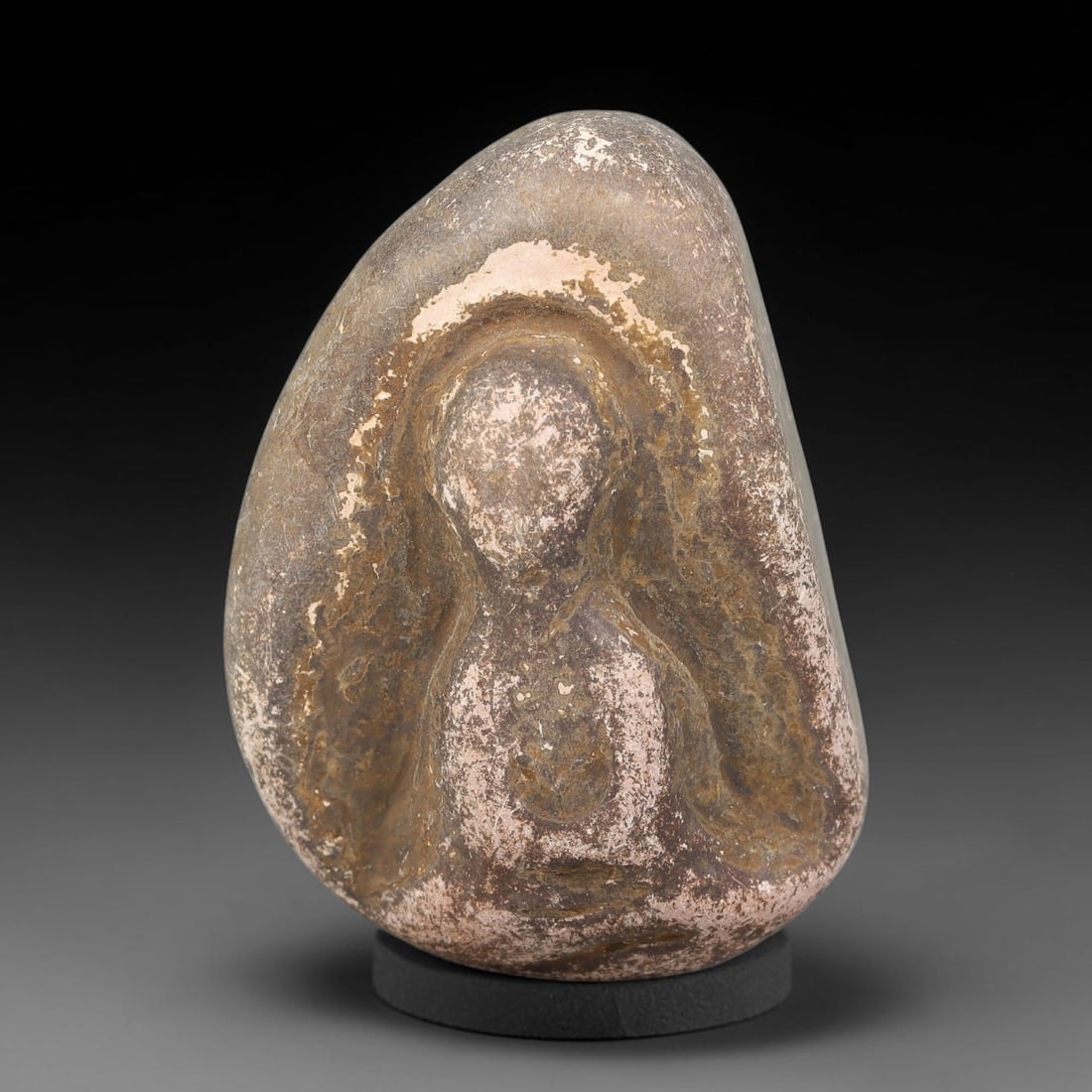 Antique Japanese Edo Period Stone Amulet (16031868 CE), 90EJ: This antique stone amulet originates from Japanese Edo Period cultural tradition, created as a devotional wearable object for personal spiritual purpose. The stone shows natural textural variation, ag