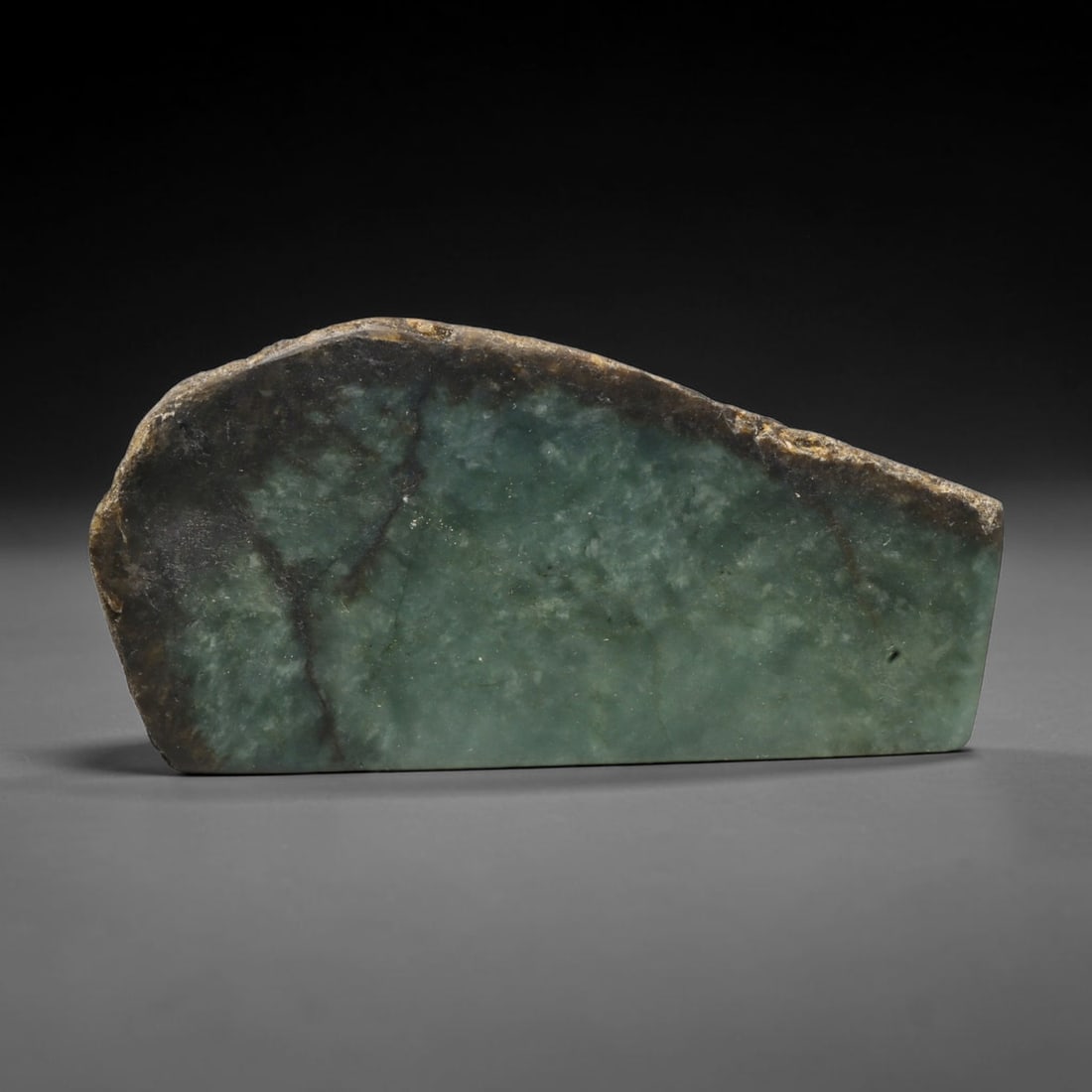 405ct Natural Type A Burmese Jadeite Jade Sliced Rough, 76EF: This specimen is a sliced rough block of natural Type A Burmese jadeite jade. The interior displays natural colour zoning with visible mineral veining and crystalline patterns typical of unprocessed j