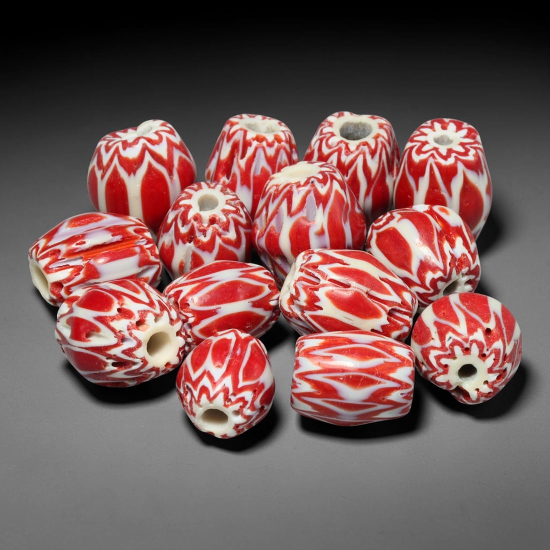 Vintage Chevron Glass Trade Bead Parcel Lot, 49EH: Vintage chevron glass bead collection, well-preserved with characteristic aged glass surface texture. Largest bead measures 13x11mm, suitable for jewellery assembly, collection and antique bead tradin