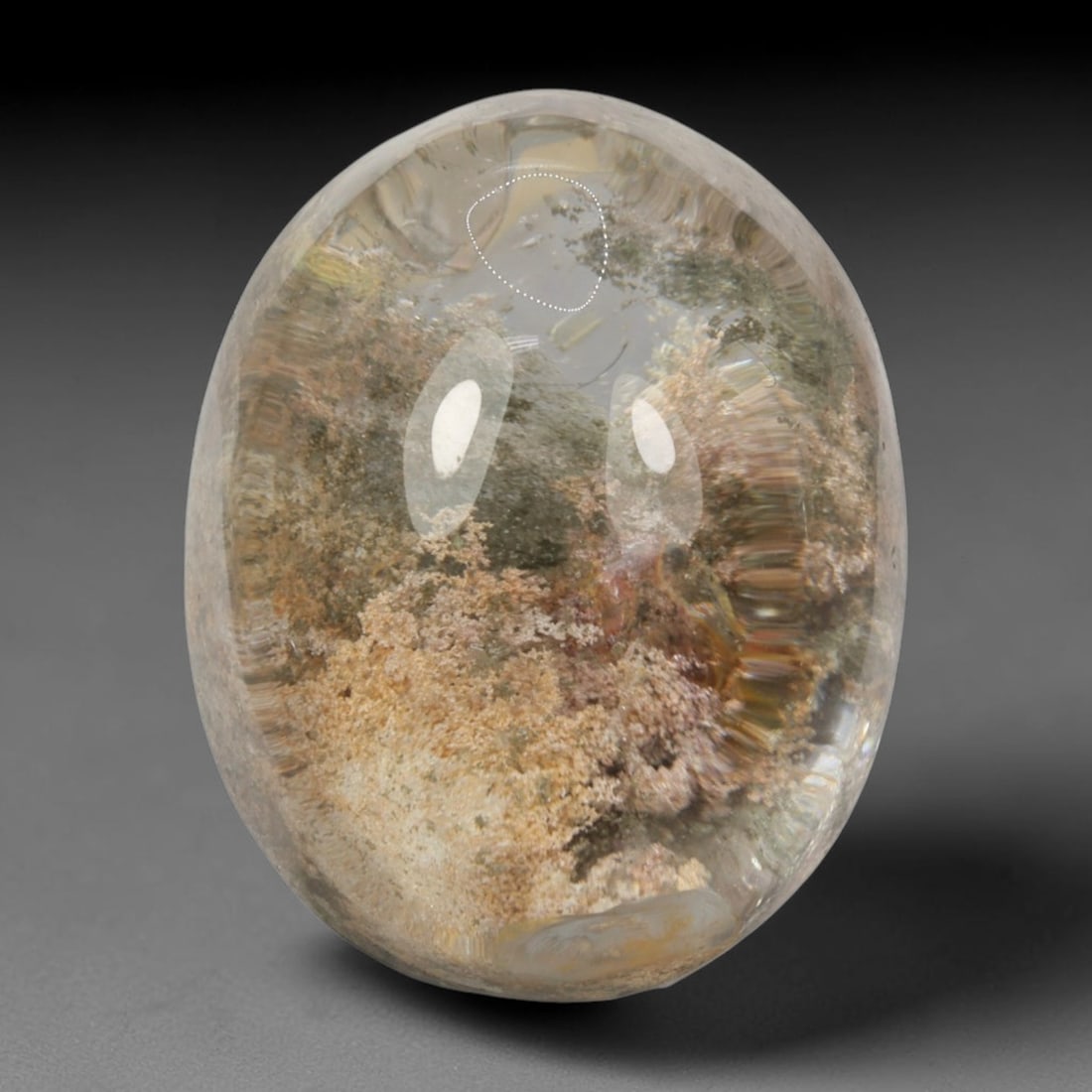 27ct Natural Brazilian Phantom Quartz Oval Cabochon Loose Gemstone, 31BM: This smoothly polished cabochon of natural phantom quartz preserves delicate layered phantom crystal formations enclosed inside transparent quartz host. The domed polished surface offers unobstructed 