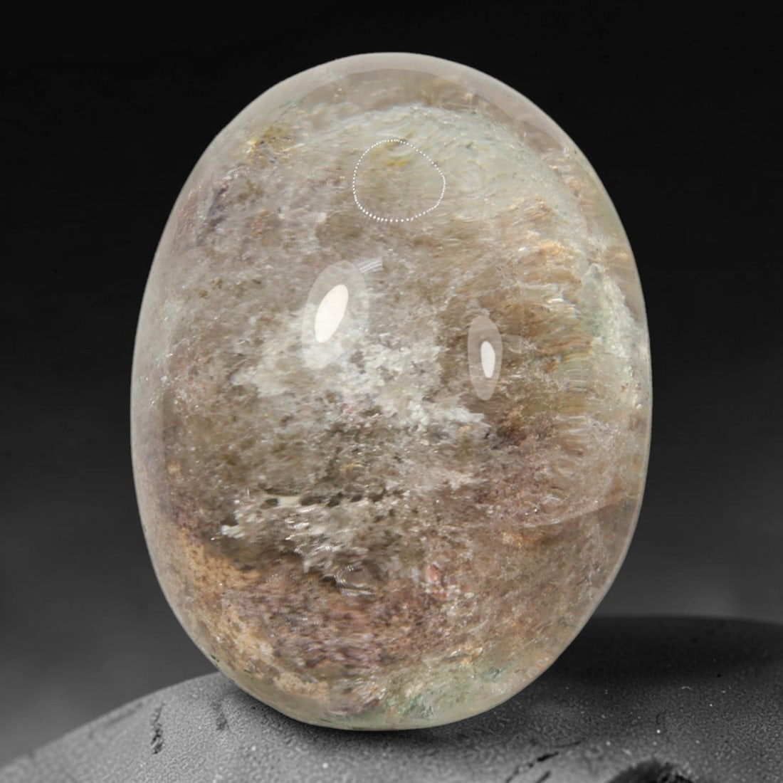 29ct Natural Brazilian Phantom Quartz Oval Cabochon Loose Gemstone, 25BM: This smoothly polished cabochon of natural phantom quartz preserves delicate layered phantom crystal formations enclosed inside transparent quartz host. The domed polished surface offers unobstructed 