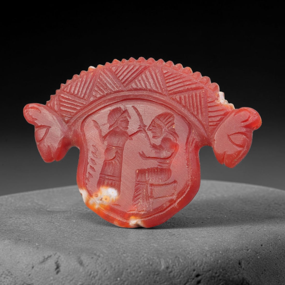 Vintage Natural Carnelian Agate Revival Indo-Persian Glyptic Figural Talisman Amulet Plaque, 30FK: This vintage talisman pendant plaque is skillfully carved from natural banded carnelian agate, crafted in a style referencing ancient Indo-Persian glyptic art traditions. The face bears detailed relie