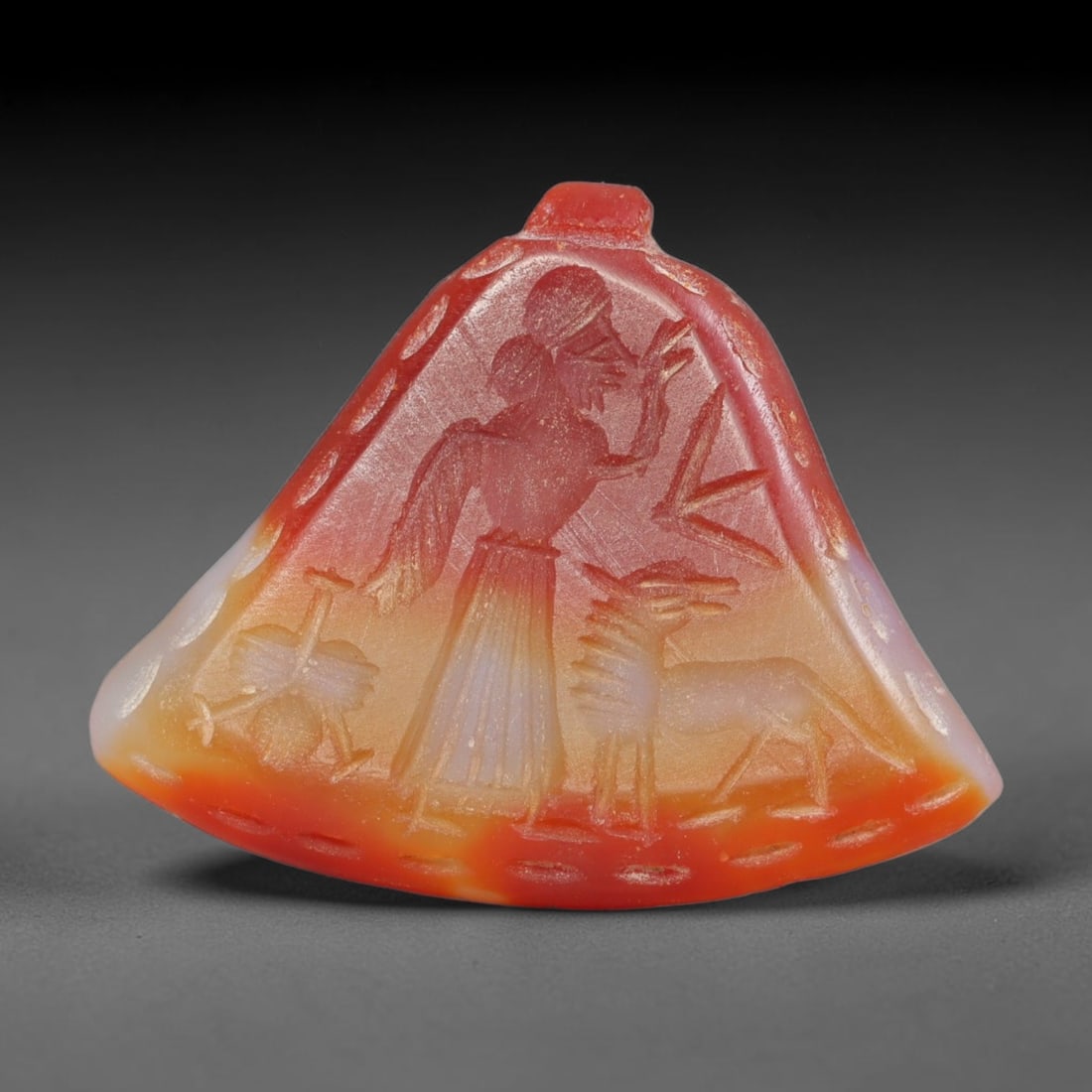 Vintage Natural Carnelian Agate Revival Indo-Persian Glyptic Figural Talisman Amulet Plaque, 85FK: This vintage talisman pendant plaque is skillfully carved from natural banded carnelian agate, crafted in a style referencing ancient Indo-Persian glyptic art traditions. The face bears detailed relie