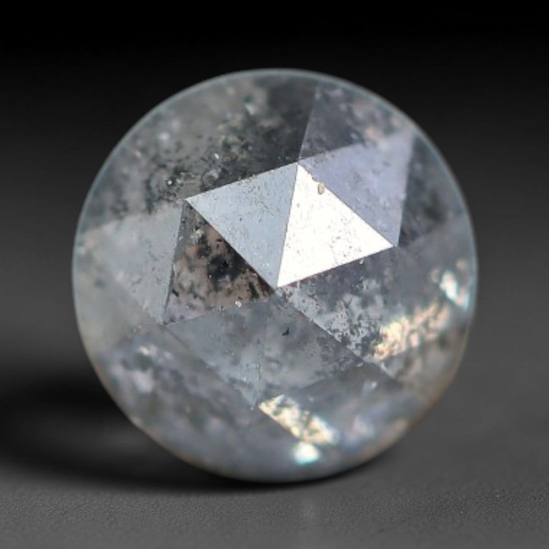 0.21ct Natural Untreated Salt And Pepper Round Rose Cut Diamond Loose Gemstone, 62BH: This polished natural salt and pepper diamond features a translucent pale base naturally scattered with distinctive dark mineral speckles and inclusions throughout its crystal interior, measured at ca