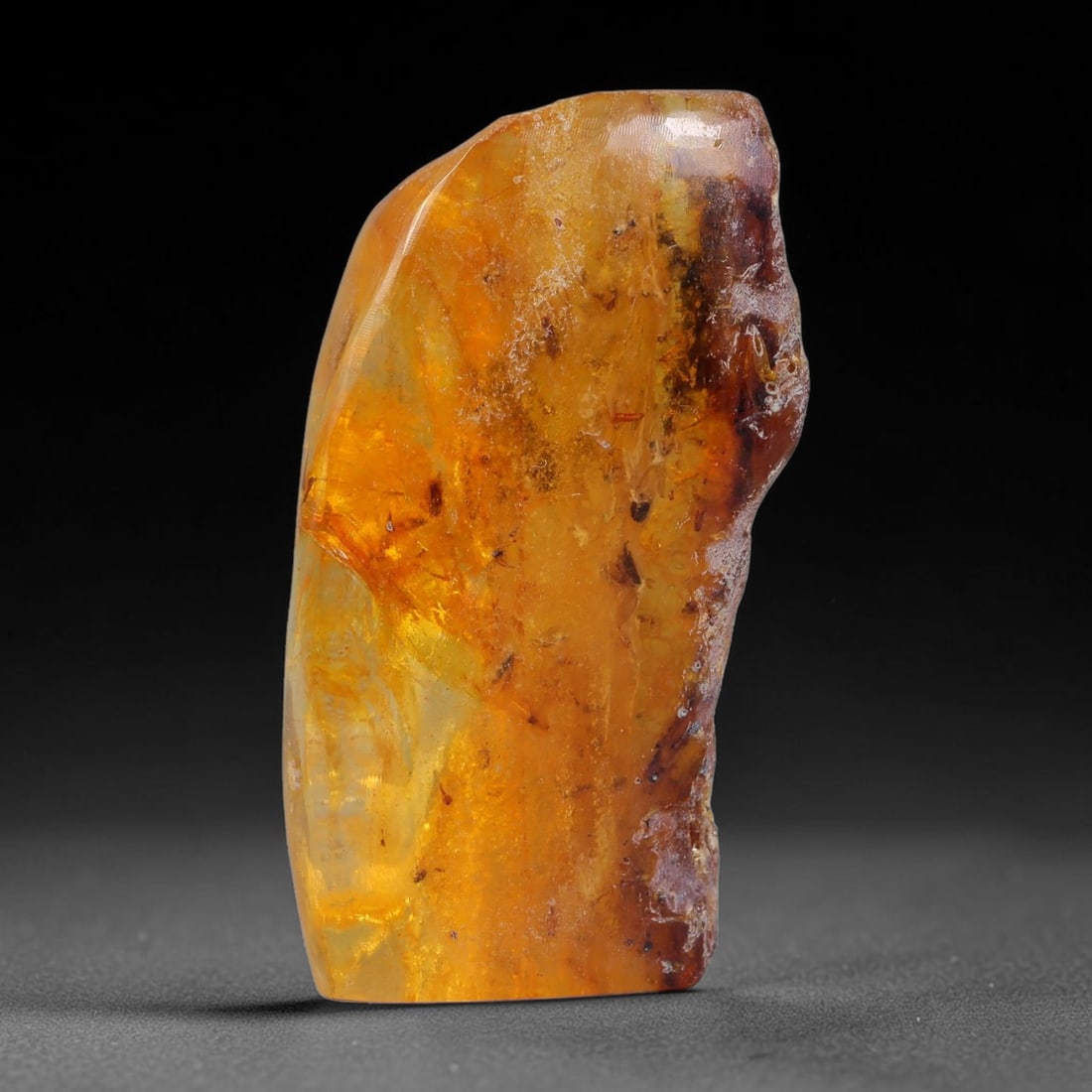 15.60ct Natural Baltic Polished Loose Freeform Amber Gemstone, 82AT: This smoothly polished freeform amber piece carries warm translucent organic clarity with fine natural fossil flecks and tiny mineral inclusions suspended throughout its 26x19mm flowing unstructured s