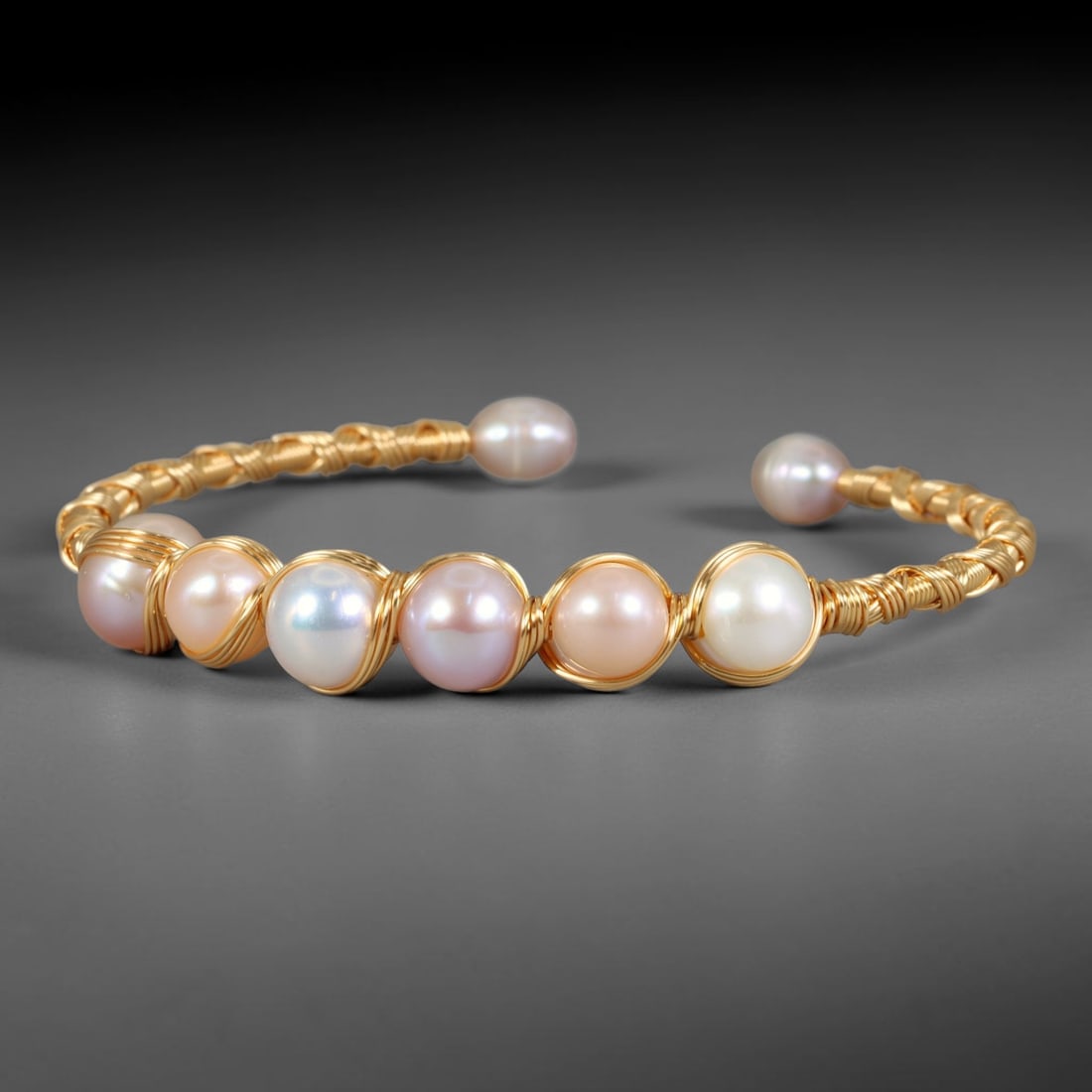 Natural Cultured Freshwater Pearl Gold Plated Wire Wrap Open Cuff Bracelet, 84AC: Handcrafted adjustable open cuff bracelet constructed from polished gold plated metal wire, featuring genuine natural cultured freshwater pearl inlays secured via intricate hand wire-wrapping craft te