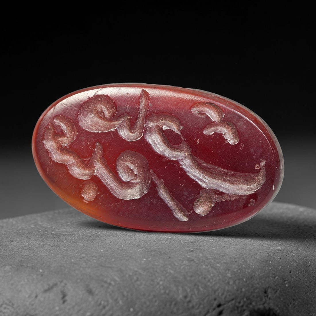 Vintage Mid-Century Carnelian Agate Islamic Calligraphic Intaglio Seal Cabochon Talisman, 51BW: This vintage mid-century natural carnelian agate intaglio seal cabochon draws inspiration from historic Islamic lapidary traditions, crafted as a wearable talisman and seal blank for jewelry setting. 