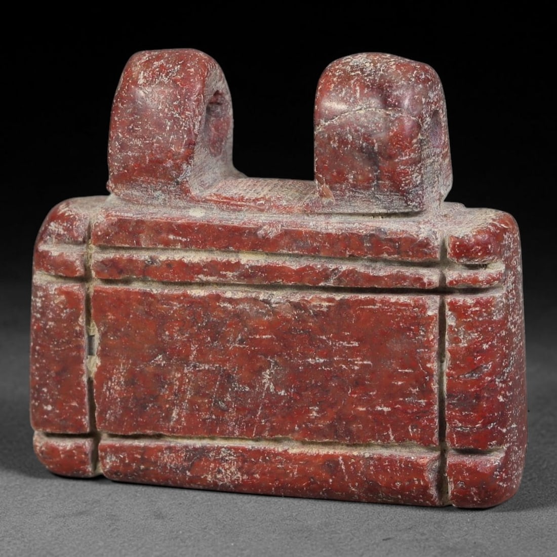 Ancient Coptic Christian Egyptian Culture Banded Agate Rectangular Amulet (300-1000 CE), 17AT: This antique carved red banded agate rectangular pendant amulet originates from Coptic Christian Egyptian Culture, medieval Nile Valley artisans crafting devotional protective talismans for burial and