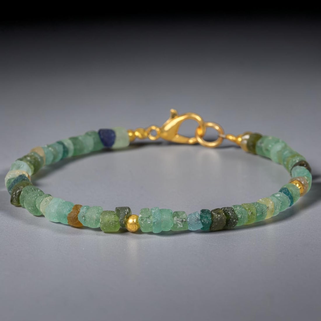 Ancient Roman Glass Modern Beaded Bracelet, 51EH: Handcrafted bracelet made from ancient Roman glass beads, set into a contemporary wearable design. The glass beads measure approximately 4cm and are combined with modern hardware to create a clean, st