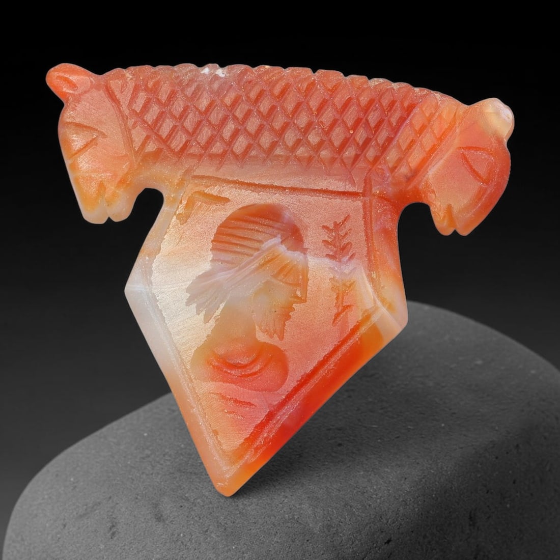 Vintage Natural Carnelian Agate Revival Indo-Persian Glyptic Figural Talisman Amulet Plaque, 36FK: This vintage talisman pendant plaque is skillfully carved from natural banded carnelian agate, crafted in a style referencing ancient Indo-Persian glyptic art traditions. The face bears detailed relie