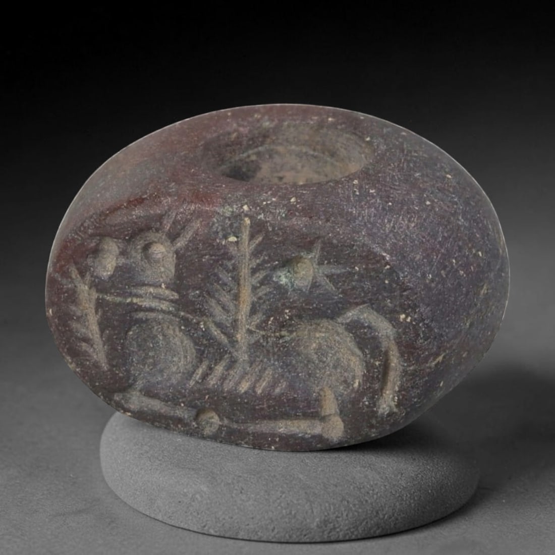 Ancient Sasanian Steatite Hemispherical Stamp Seal, 37AP: Antique hemispherical stamp seal hand-carved from natural steatite stone, measuring 1.8cm x 1.5cm. This classic domed Sasanian stamp seal follows the iconic compact hemispherical silhouette typical of