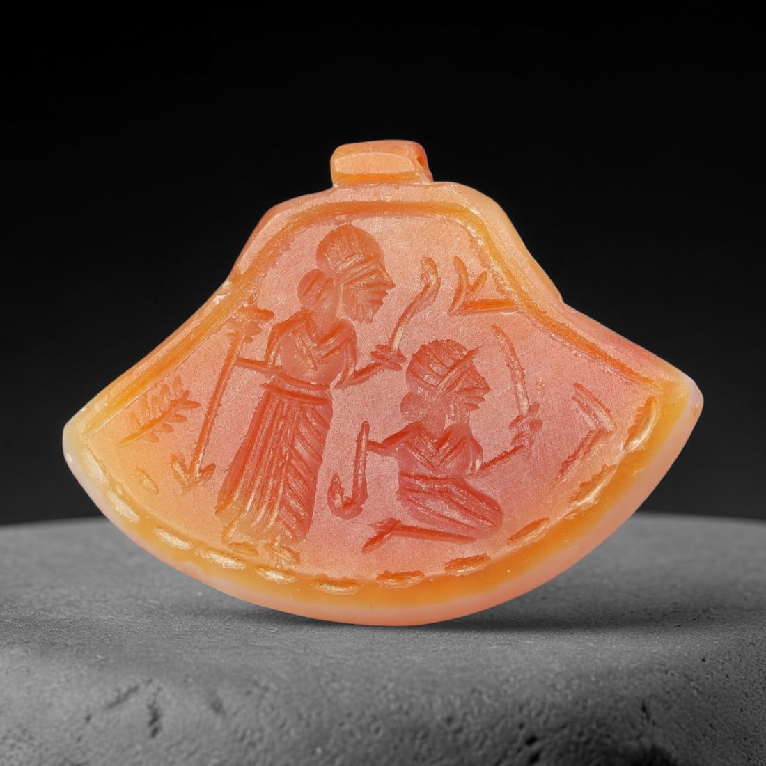 Vintage Natural Carnelian Agate Revival Indo-Persian Glyptic Figural Talisman Amulet Plaque, 6FK: This vintage talisman pendant plaque is skillfully carved from natural banded carnelian agate, crafted in a style referencing ancient Indo-Persian glyptic art traditions. The face bears detailed relie