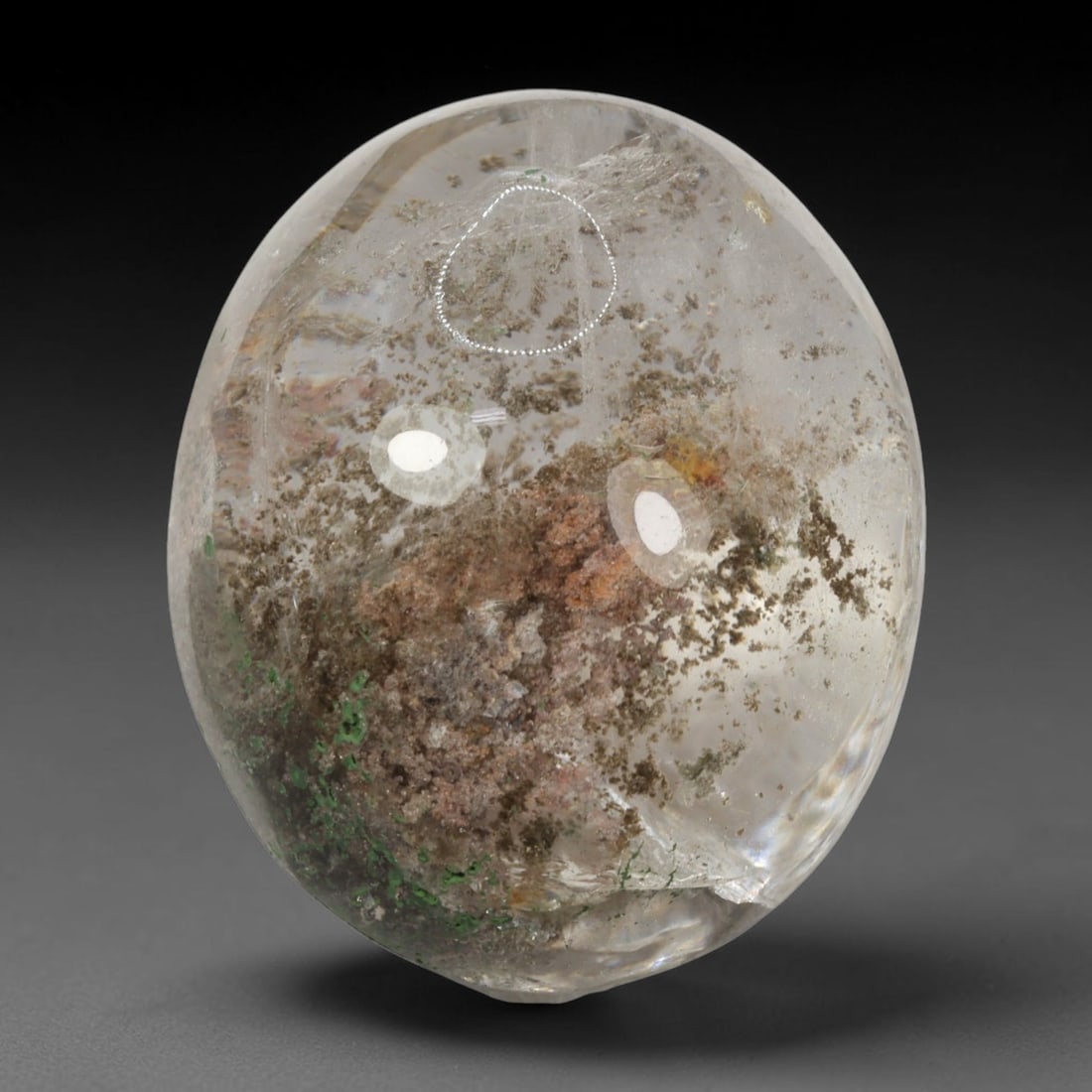 55ct Natural Brazilian Phantom Quartz Oval Cabochon Loose Gemstone, 27BM: This smoothly polished cabochon of natural phantom quartz preserves delicate layered phantom crystal formations enclosed inside transparent quartz host. The domed polished surface offers unobstructed 