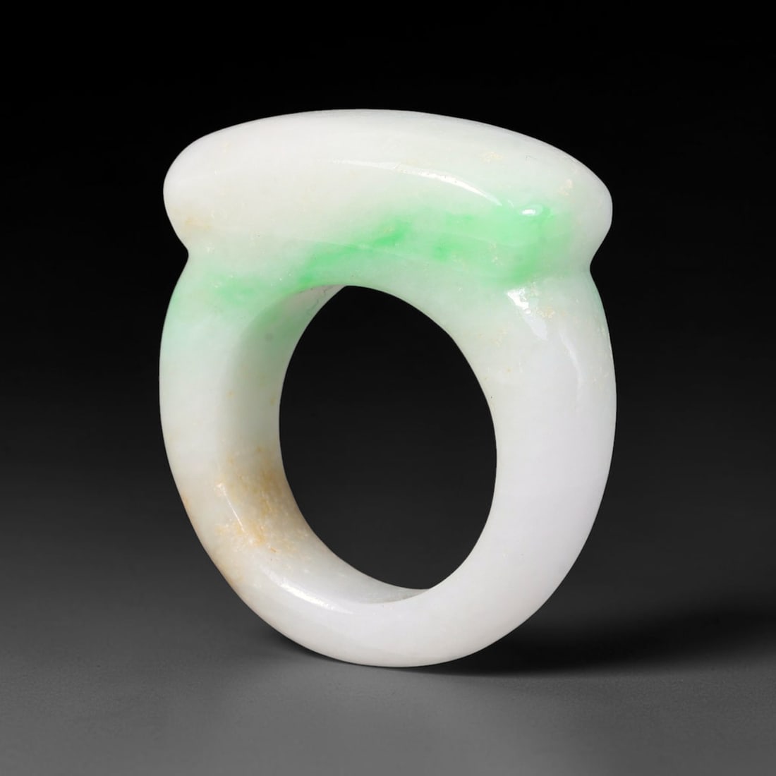 Natural Burmese Type A Jadeite Jade Moss-in-Snow Saddle Ring, 3BK: Hand-polished untreated Burmese Type A jadeite jade saddle ring, US ring size 10.5 with a band width of 12 mm. Showcases classic moss-in-snow patterning: bright apple green flecks naturally scattered 