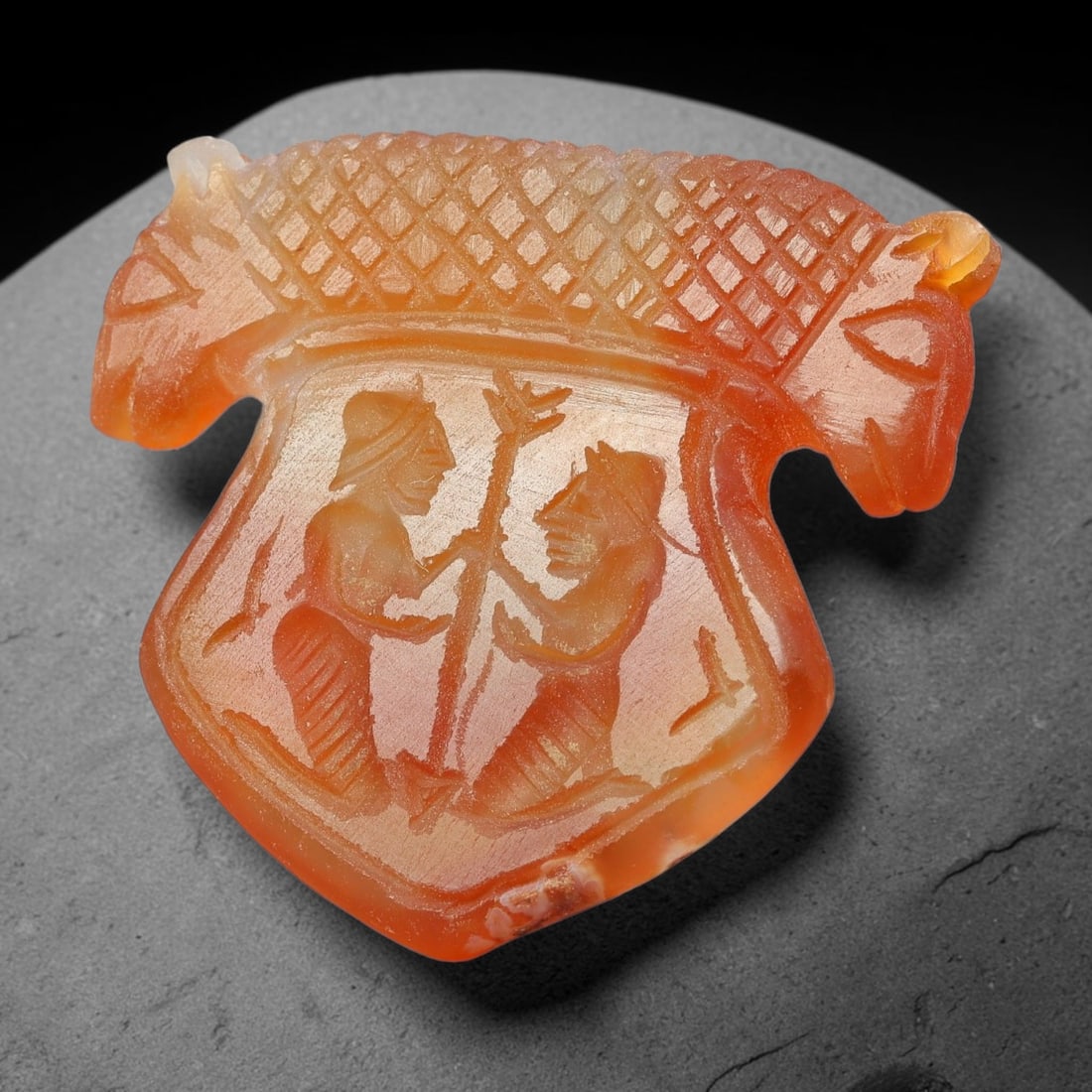 Vintage Natural Carnelian Agate Revival Indo-Persian Glyptic Figural Talisman Amulet Plaque, 56FL: This vintage talisman pendant plaque is skillfully carved from natural banded carnelian agate, crafted in a style referencing ancient Indo-Persian glyptic art traditions. The face bears detailed relie