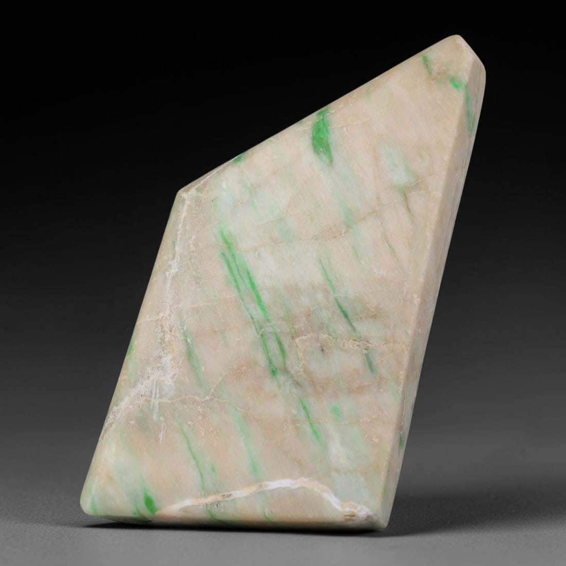 380ct Natural Type A Burmese Jadeite Jade Sliced Rough, 81FB: This specimen is a sliced rough block of natural Type A Burmese jadeite jade. The interior displays natural colour zoning with visible mineral veining and crystalline patterns typical of unprocessed j