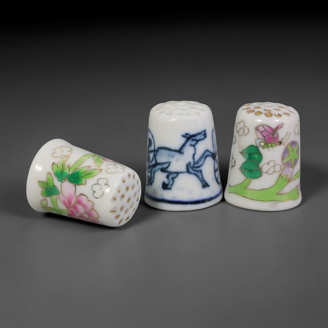 Vintage Hand-Painted Porcelain Thimble Set of 3 - Floral Horse & Butterfly Sewing, 20AR (1 of 2)