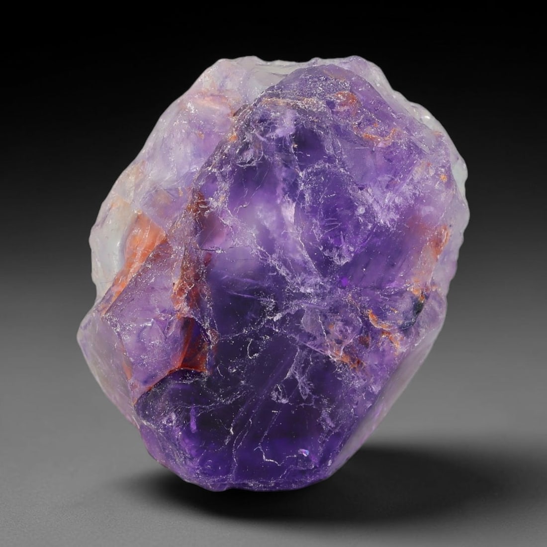 128ct Natural Chinese Deep Violet Purple Fluorite Rough, 6AT: This rugged fluorite rough boasts rich layered violet purple saturation blended with warm rust-colored mineral inclusions that streak its uneven raw surface, soft translucency lets light drift through
