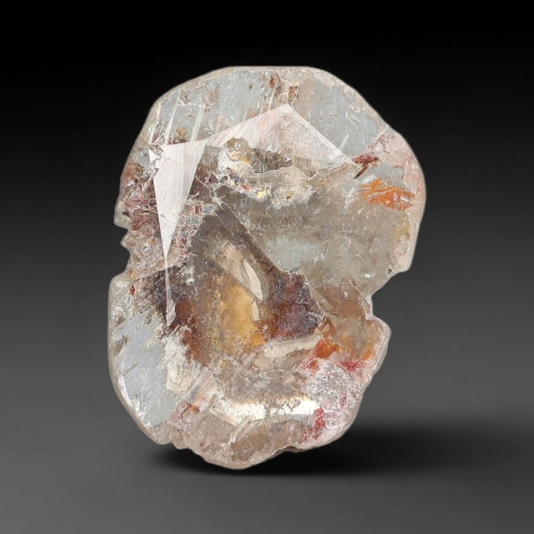 0.39ct Natural Fancy Diamond Slice, 51BG: This unique natural diamond slice features a delicate hand-executed rose cut surface, showcasing captivating pictorial mineral inclusions trapped within the diamond matrix. Measuring 8x6x0.6mm, the th