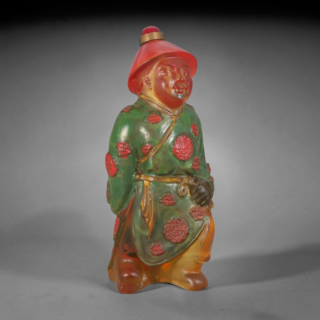 Vintage Chinese Hand Painted Gradient Liuli Glass Snuff Bottle - Qing Dynasty Attendant, 35AS: This fully sculpted anthropomorphic snuff bottle is crafted from translucent frosted gradient honey-amber vintage Chinese liuli glass, shaped as a traditional Qing dynasty attendant figure wearing a c