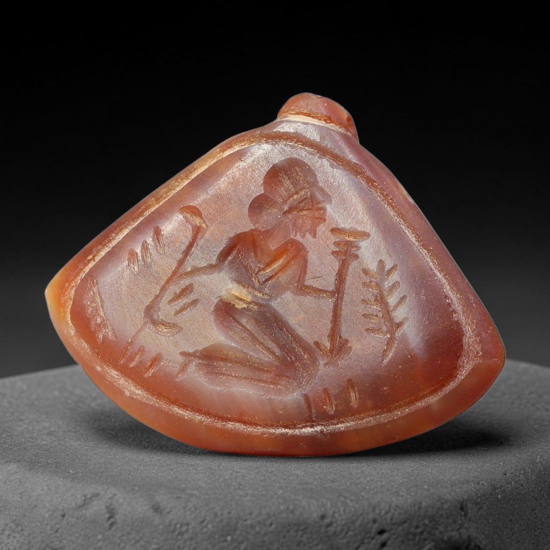 Vintage Natural Carnelian Agate Revival Indo-Persian Glyptic Figural Talisman Amulet Plaque, 52FL: This vintage talisman pendant plaque is skillfully carved from natural banded carnelian agate, crafted in a style referencing ancient Indo-Persian glyptic art traditions. The face bears detailed relie