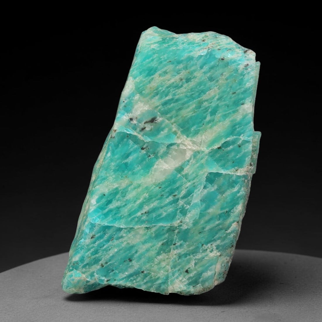 70ct Natural Russian Ural Amazonite Slab Rough, 86EB: This intact amazonite slab features distinct parallel mineral banding running uniformly across its naturally split flat surface within 43x24x7mm slab dimensions, retaining unmodified natural geologica