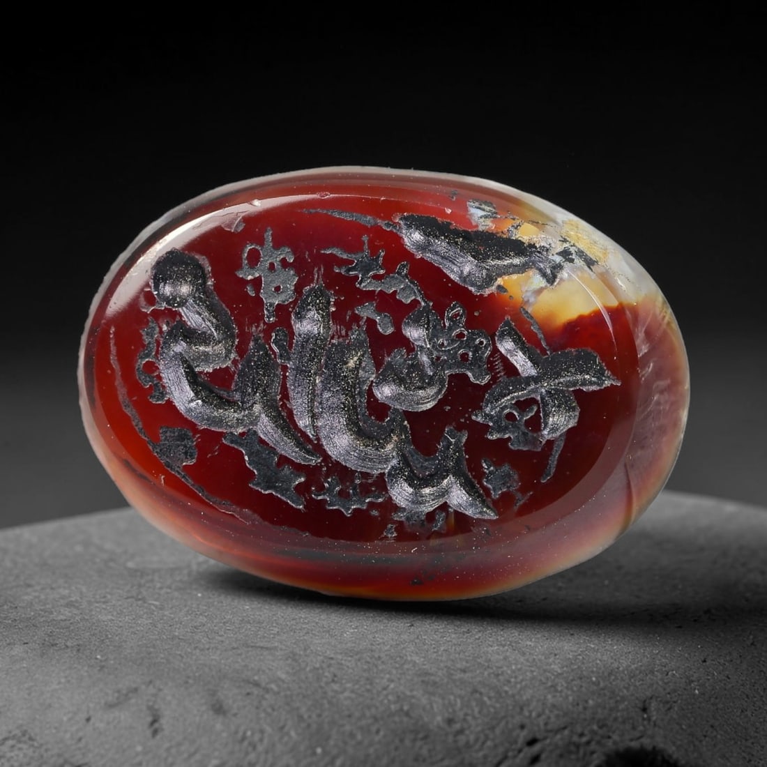 Vintage Mid-Century Carnelian Agate Islamic Calligraphic Intaglio Seal Cabochon Talisman, 25BW: This vintage mid-century natural carnelian agate intaglio seal cabochon draws inspiration from historic Islamic lapidary traditions, crafted as a wearable talisman and seal blank for jewelry setting. 