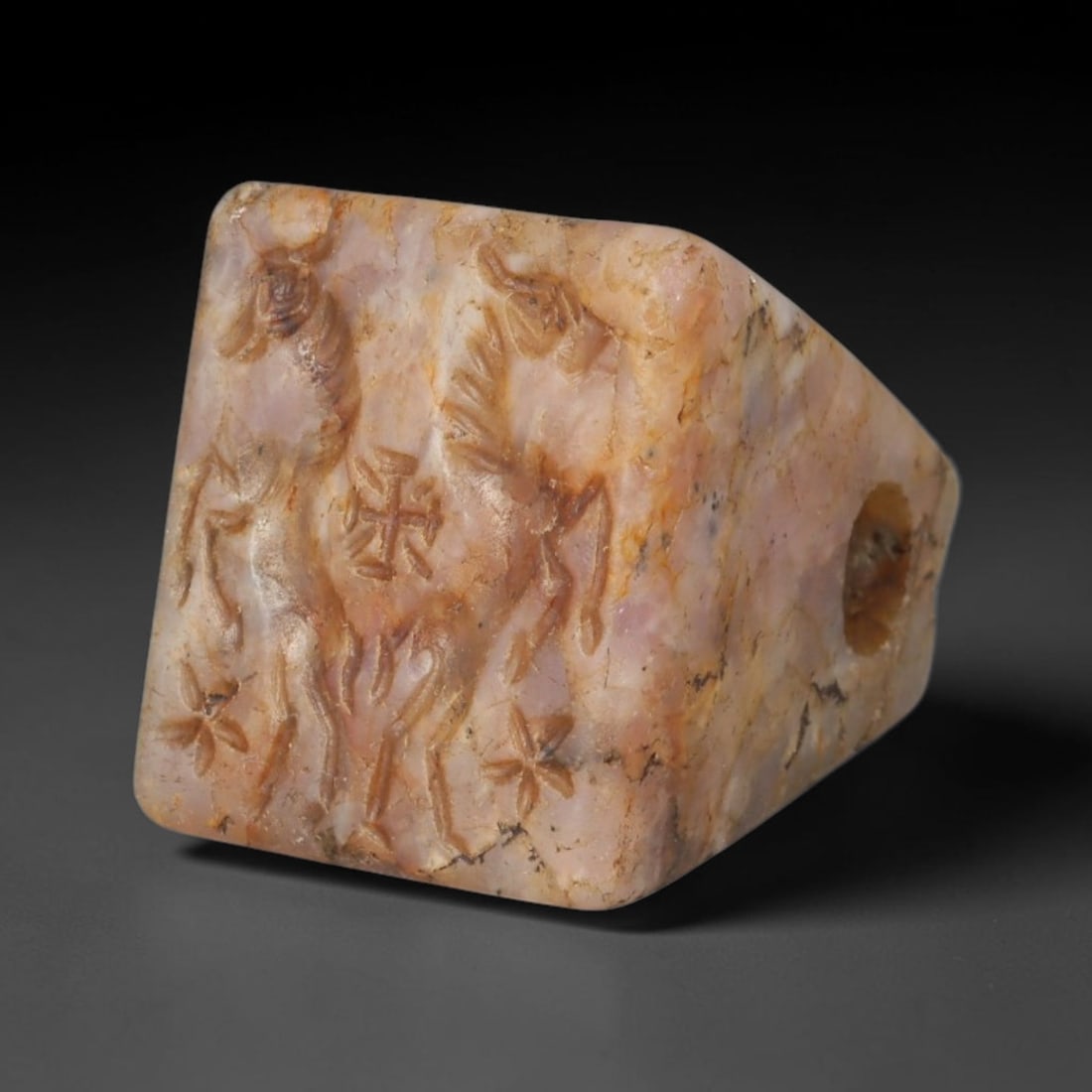 Ancient Sasanian Persian Pink Quartz Pyramidal Stamp Seal (224-651 CE), 54EF: This antique pink quartz pyramidal stamp seal originates from Ancient Sasanian Persian civilisation, used to produce clay impressions and worn as a protective talisman. The square seal face displays t