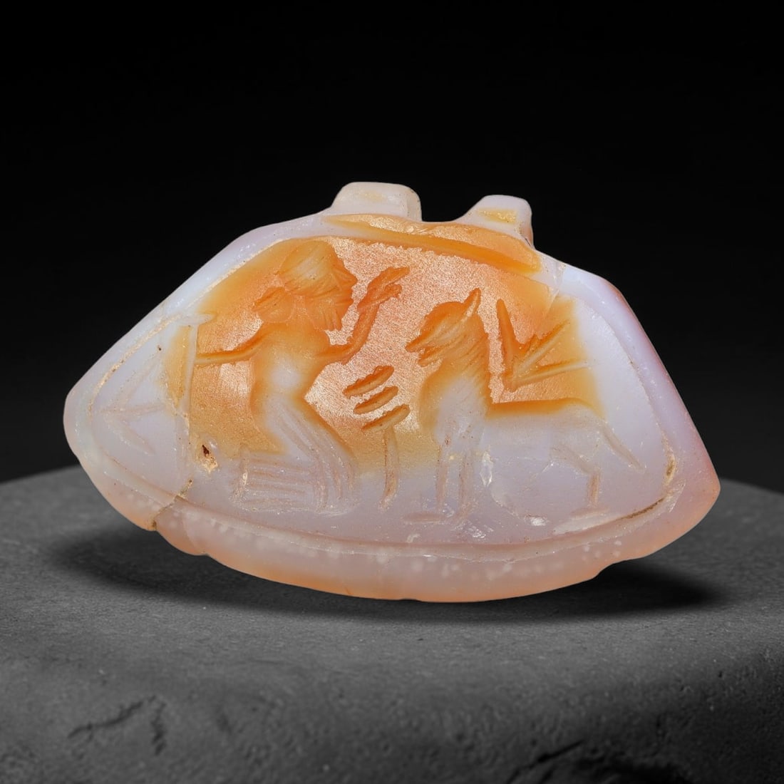 Vintage Natural Carnelian Agate Revival Indo-Persian Glyptic Figural Talisman Amulet Plaque, 57FL: This vintage talisman pendant plaque is skillfully carved from natural banded carnelian agate, crafted in a style referencing ancient Indo-Persian glyptic art traditions. The face bears detailed relie