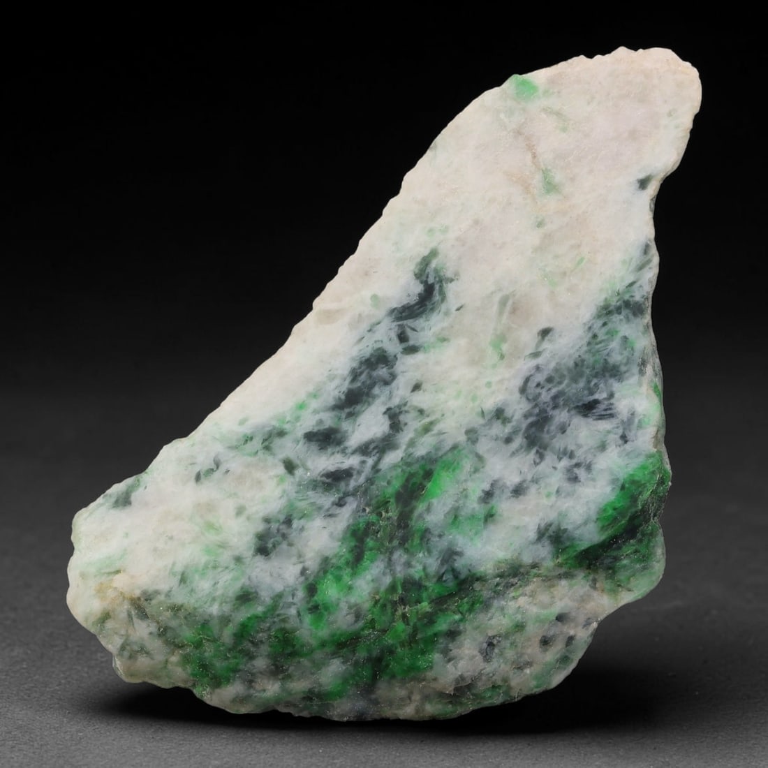 330ct Natural Type A Burmese Jadeite Jade Sliced Rough, 82FB: This specimen is a sliced rough block of natural Type A Burmese jadeite jade. The interior displays natural colour zoning with visible mineral veining and crystalline patterns typical of unprocessed j
