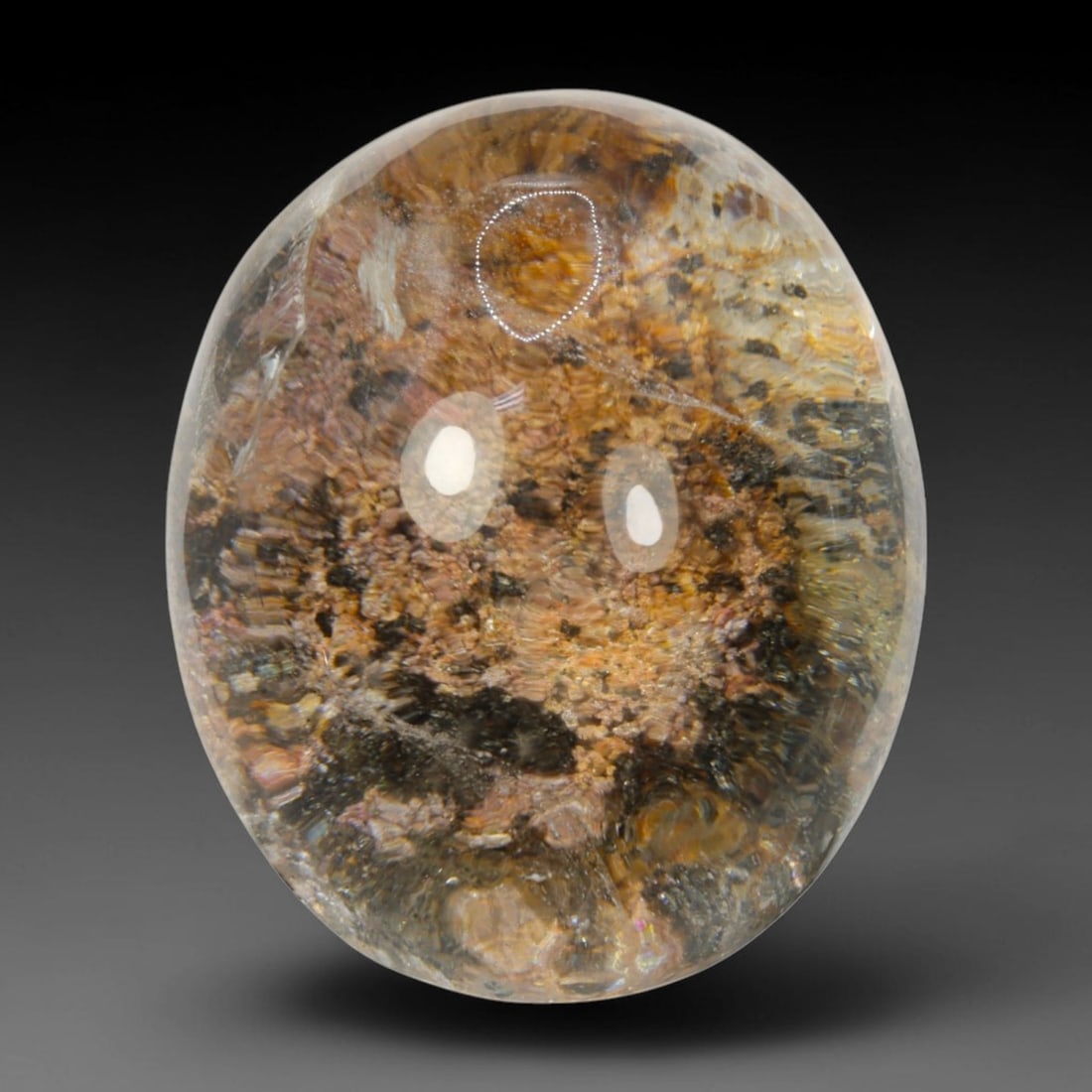 44ct Natural Brazilian Phantom Quartz Oval Cabochon Loose Gemstone, 97BM: This smoothly polished cabochon of natural phantom quartz preserves delicate layered phantom crystal formations enclosed inside transparent quartz host. The domed polished surface offers unobstructed 