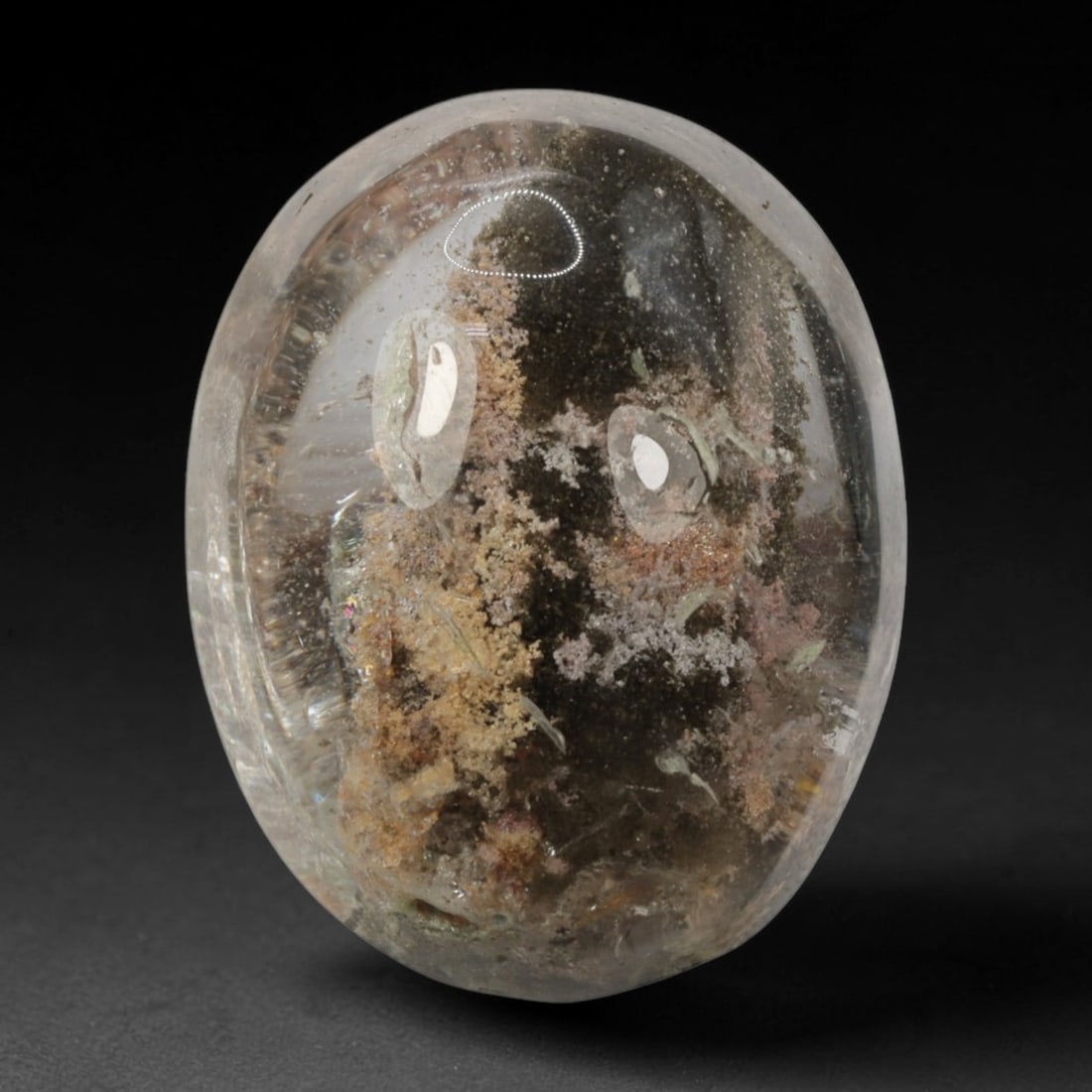 27ct Natural Brazilian Phantom Quartz Oval Cabochon Loose Gemstone, 34BM: This smoothly polished cabochon of natural phantom quartz preserves delicate layered phantom crystal formations enclosed inside transparent quartz host. The domed polished surface offers unobstructed 