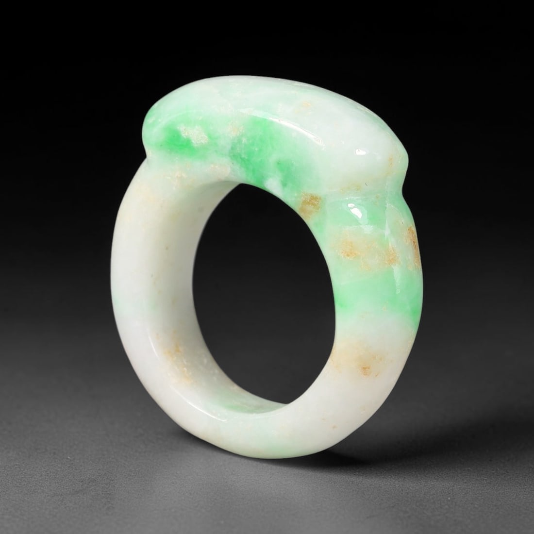 Natural Burmese Type A Jadeite Jade Moss-in-Snow Saddle Ring, 2BK: Hand-polished untreated Burmese Type A jadeite jade saddle ring, US ring size 10.5 with a band width of 11 mm. Showcases classic moss-in-snow patterning: bright apple green flecks naturally scattered 