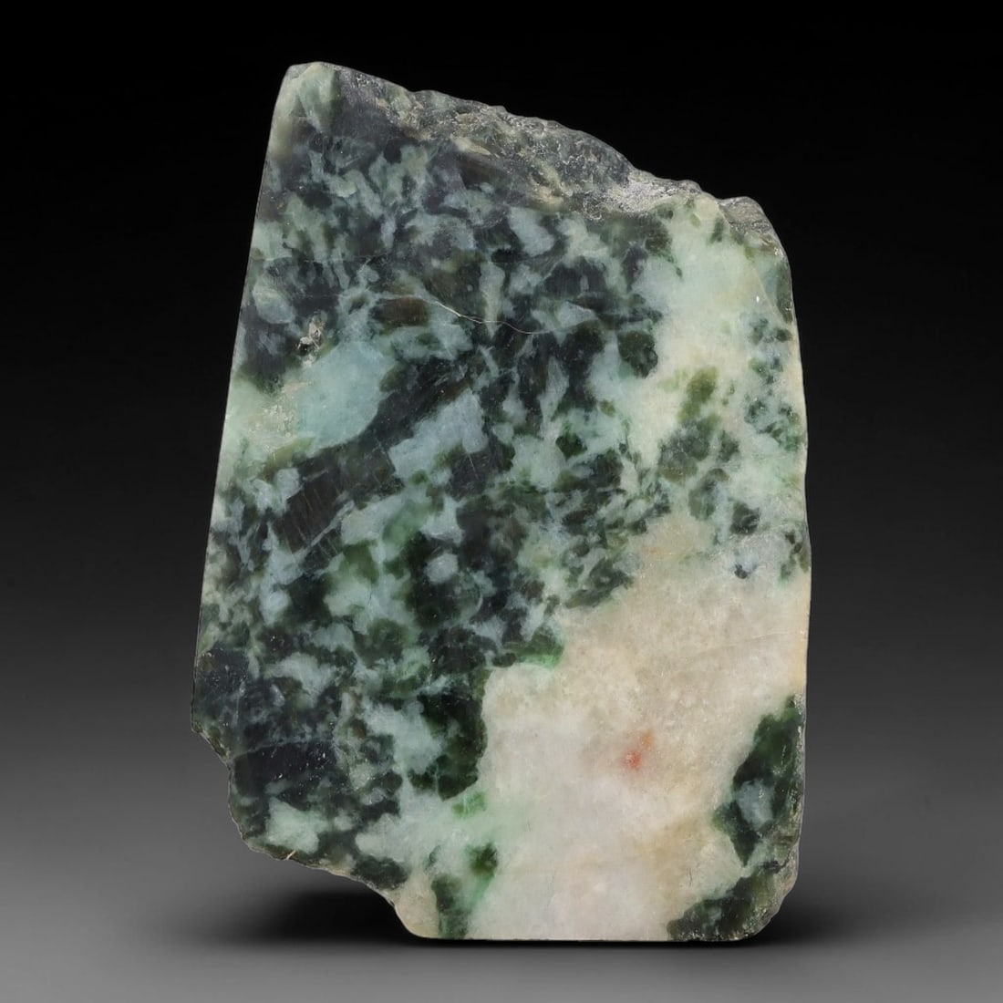 315ct Natural Type A Burmese Jadeite Jade Sliced Rough, 40AZ: This specimen is a sliced rough block of natural Type A Burmese jadeite jade. The interior displays natural colour zoning with visible mineral veining and crystalline patterns typical of unprocessed j