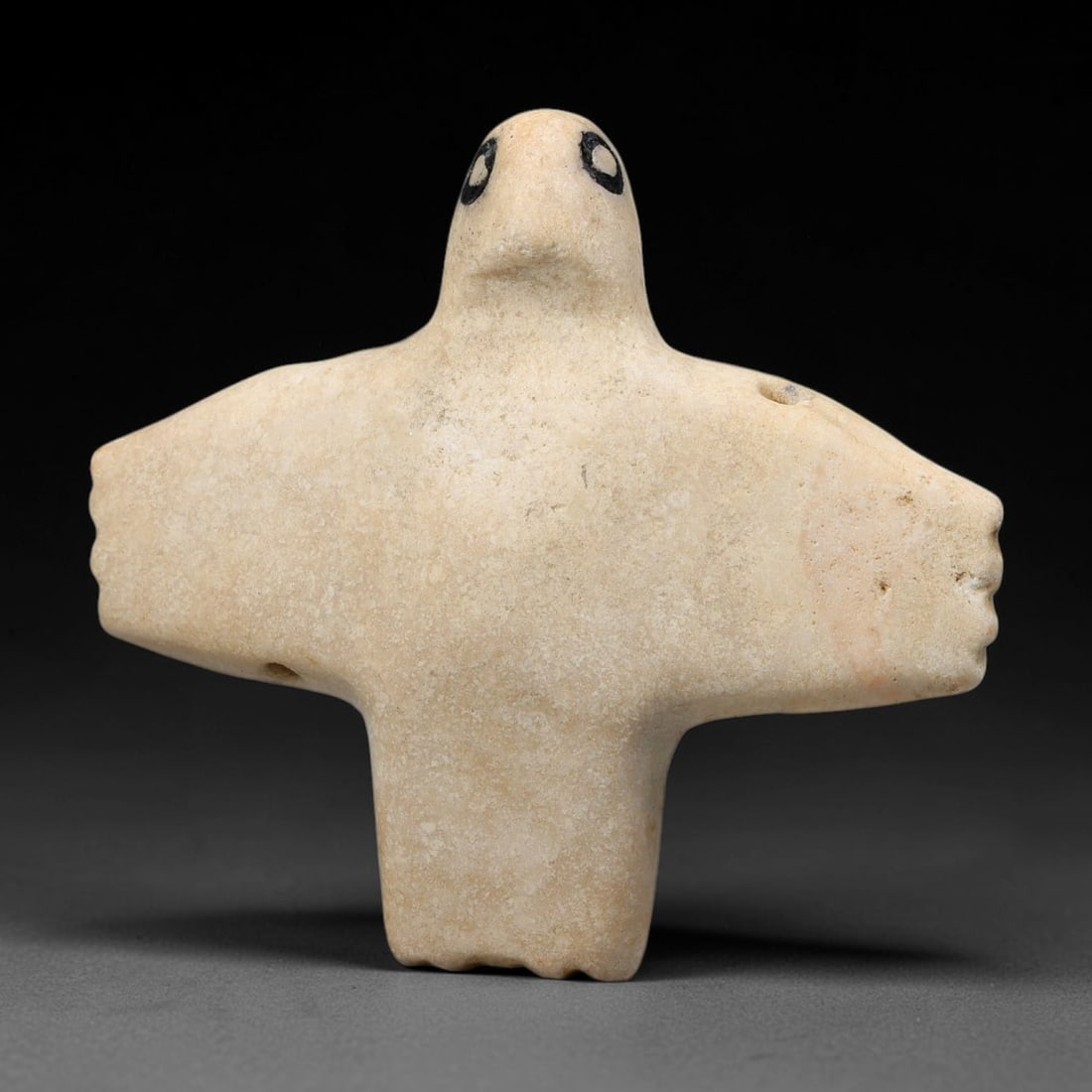 Vintage Carved Stone Anthropomorphic Bird Talisman Amulet Pendant, 40FL: This vintage wearable amulet pendant is hand-carved from pale mineral stone, shaped into a stylized anthropomorphic bird form. Pierced suspension holes allow easy threading for adornment. Crafted foll